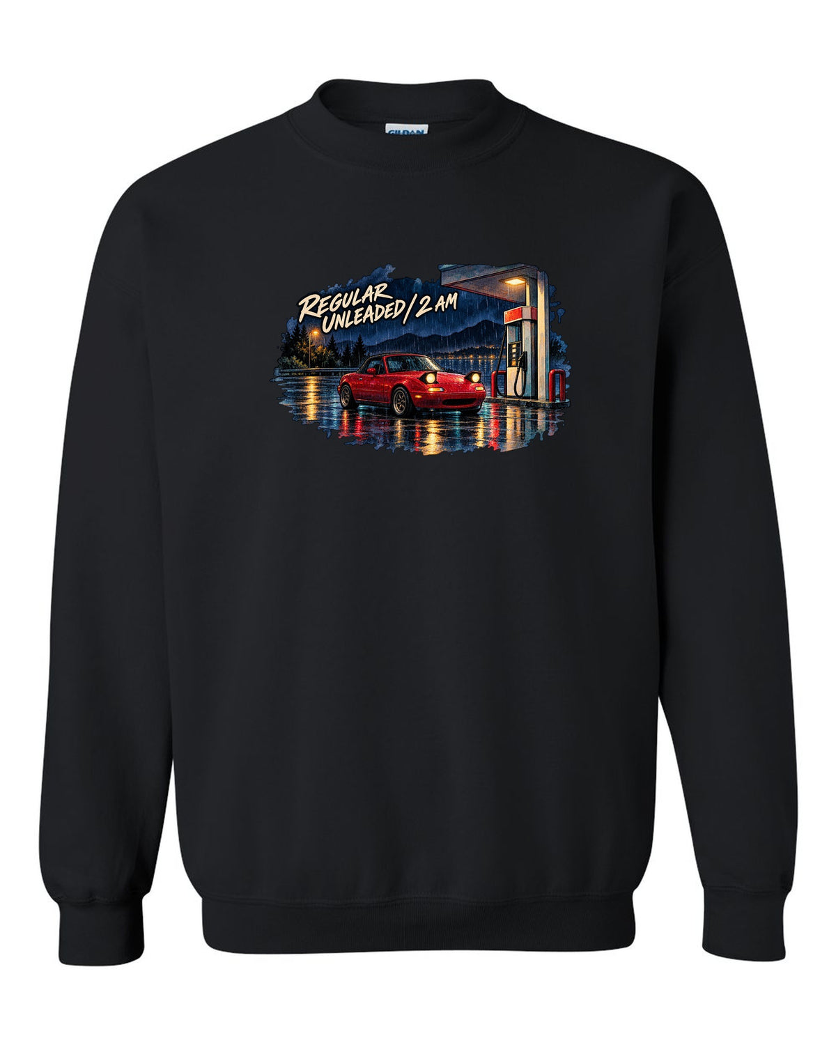 Watercolour wet-road night scene of a Mazda MX-5 NA at a fuel stop black crewneck front view with the design