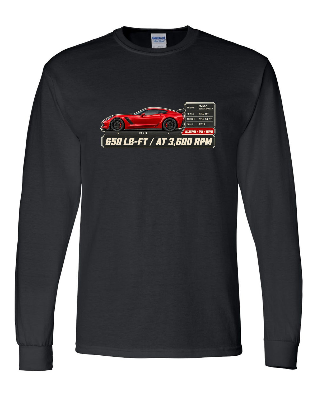 print of a Chevrolet Corvette C7 Z06 spec poster showing 650 lb-ft at 3,600 rpm black long sleeve front view with the design
