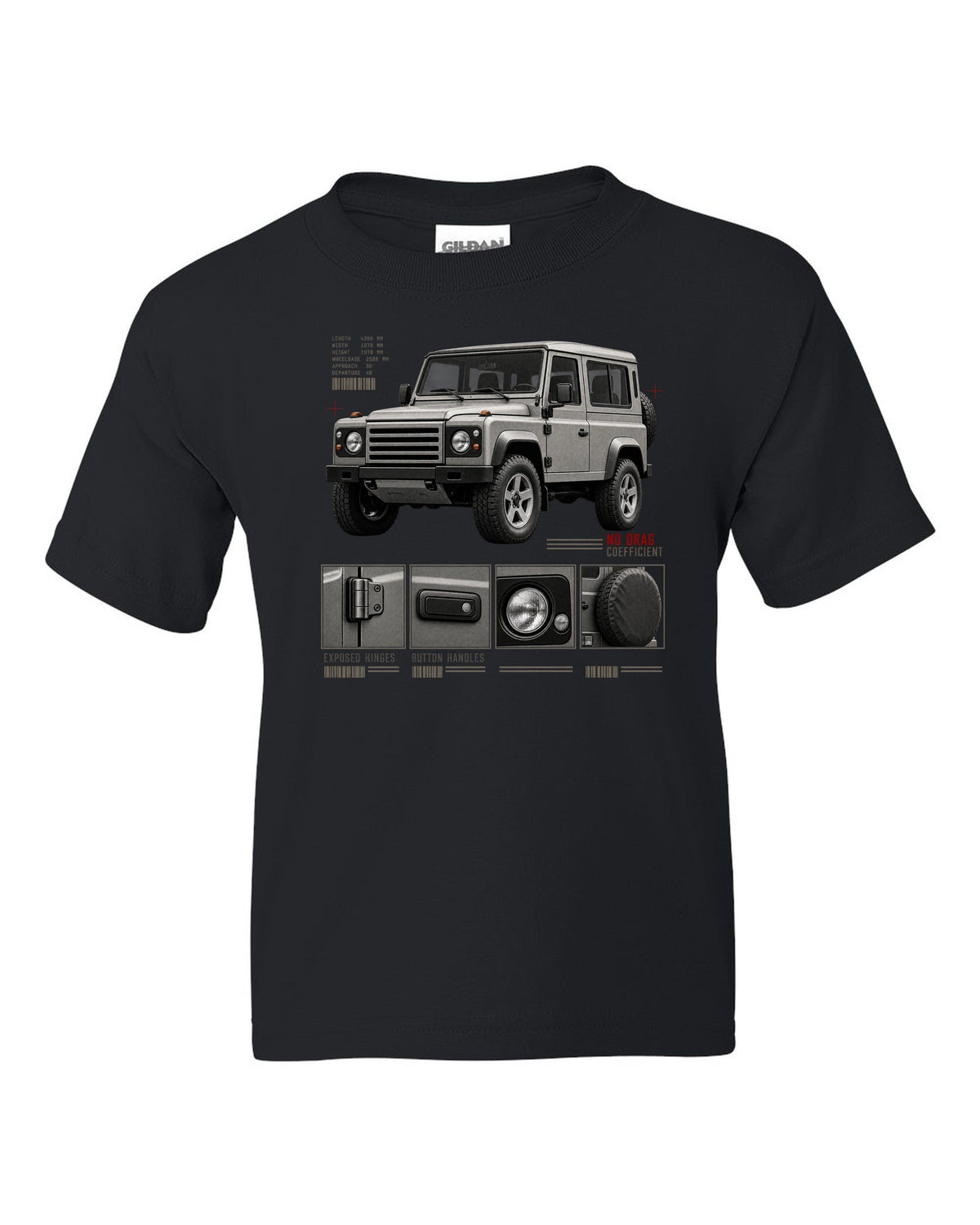 Dossier panel print of a Mercedes G-Class W463 listing exposed hinges and button handles black kids tee front view with the design