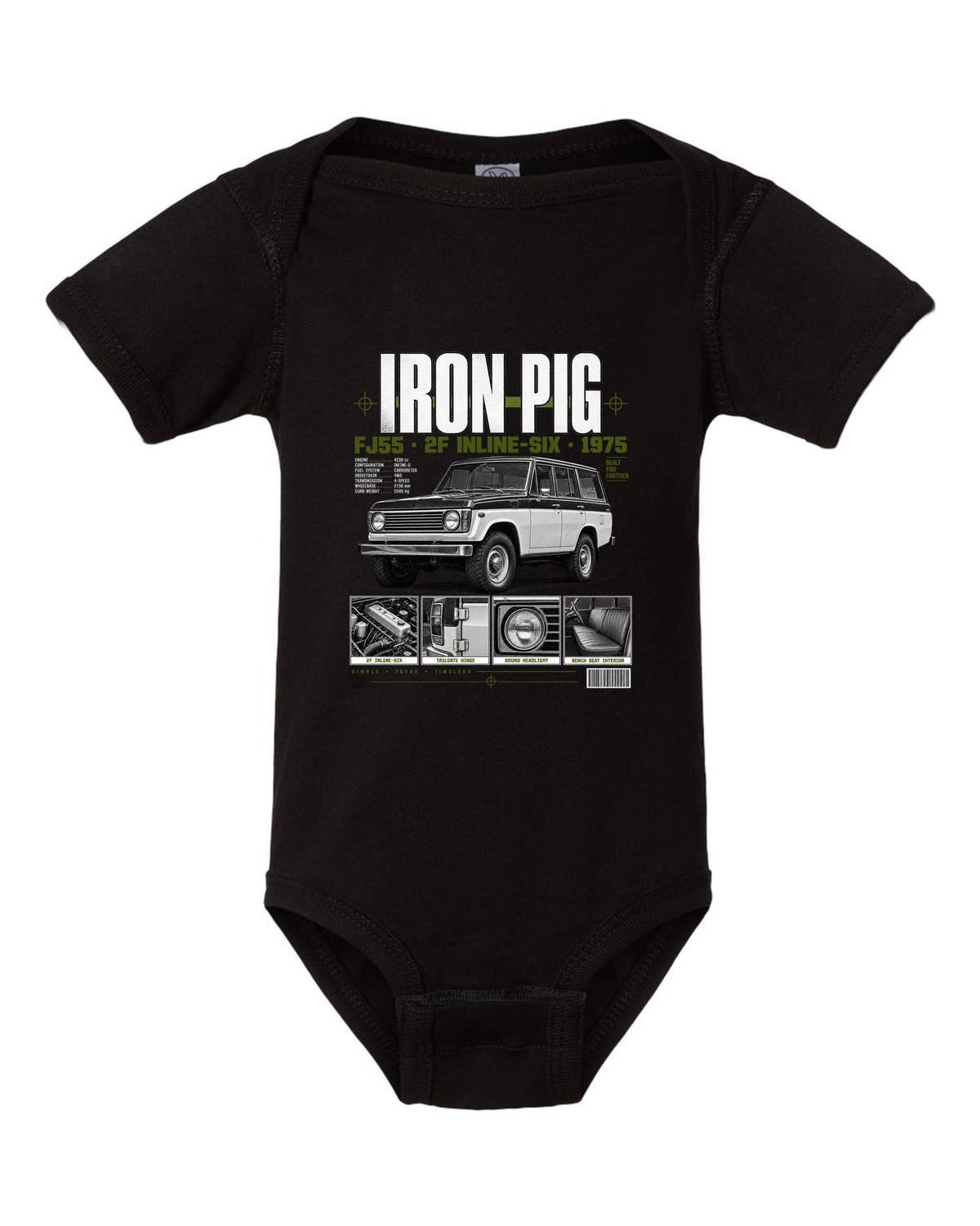 Dossier panel print of a Toyota Land Cruiser FJ55 wagon with Iron Pig and 2F text black baby onesie front view with the design