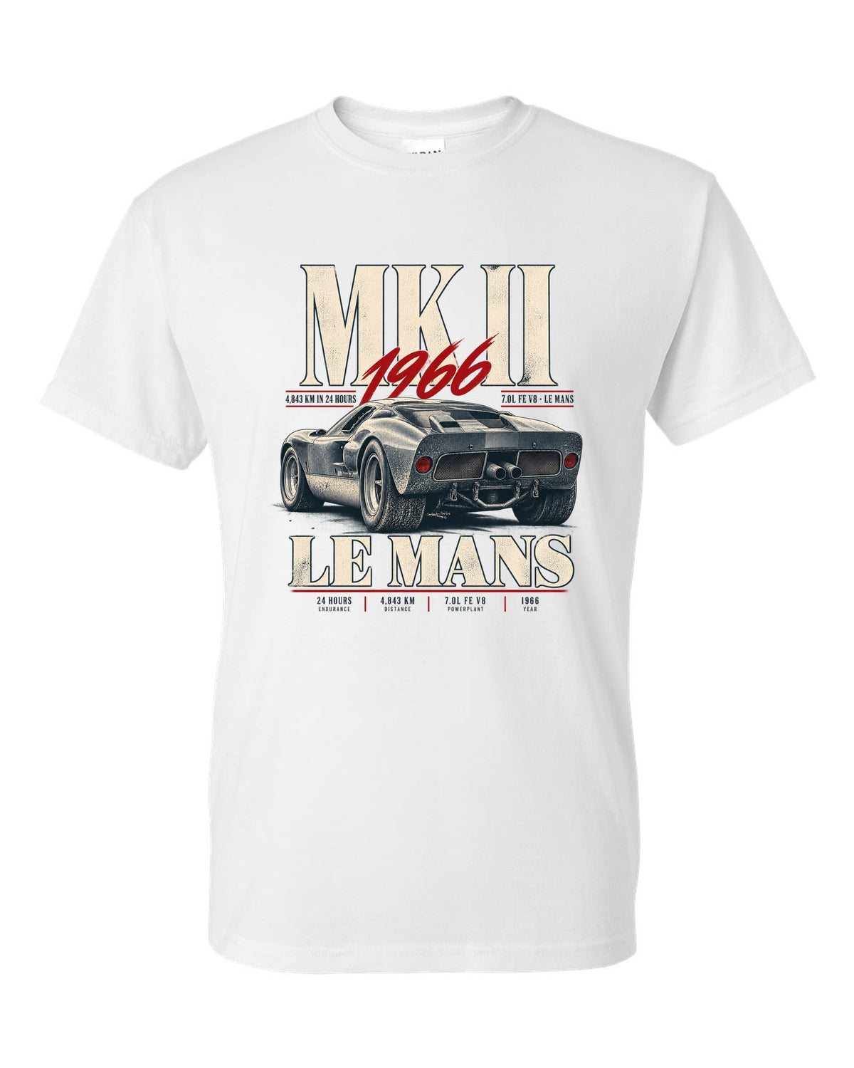 Editorial print of a 1966 Ford GT40 Mk II rear three-quarter view with Le Mans distance white t-shirt front view with the design