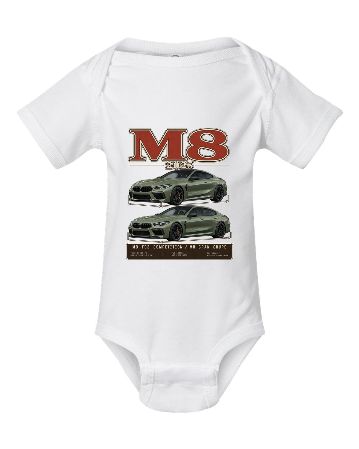 BMW M5 Touring 2025 archive panel print on a tee white baby onesie front view with the design