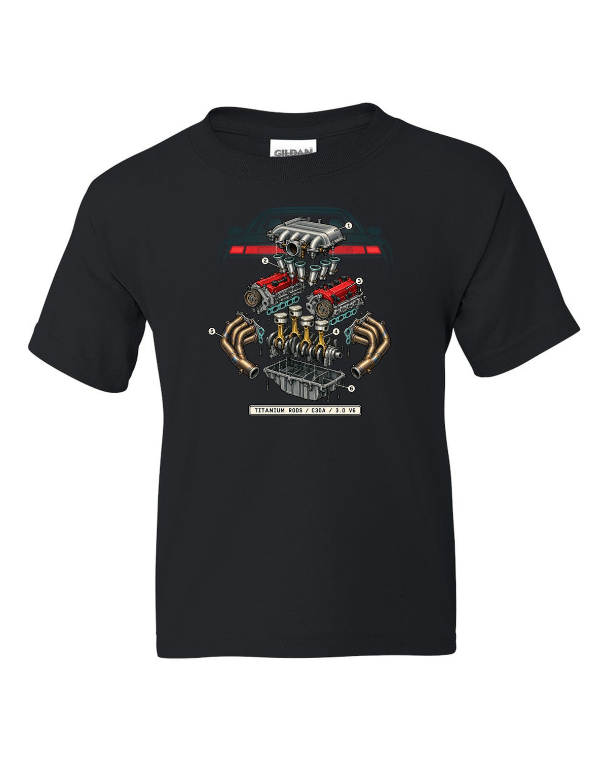 Isometric engine schematic print for the Honda NSX NA1 C30A with titanium rods text black kids tee front view with the design