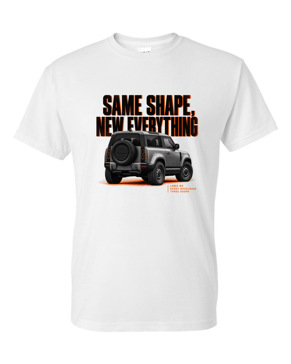 Land Rover Defender L663 90 halftone print with same shape new everything text white t-shirt front view with the design