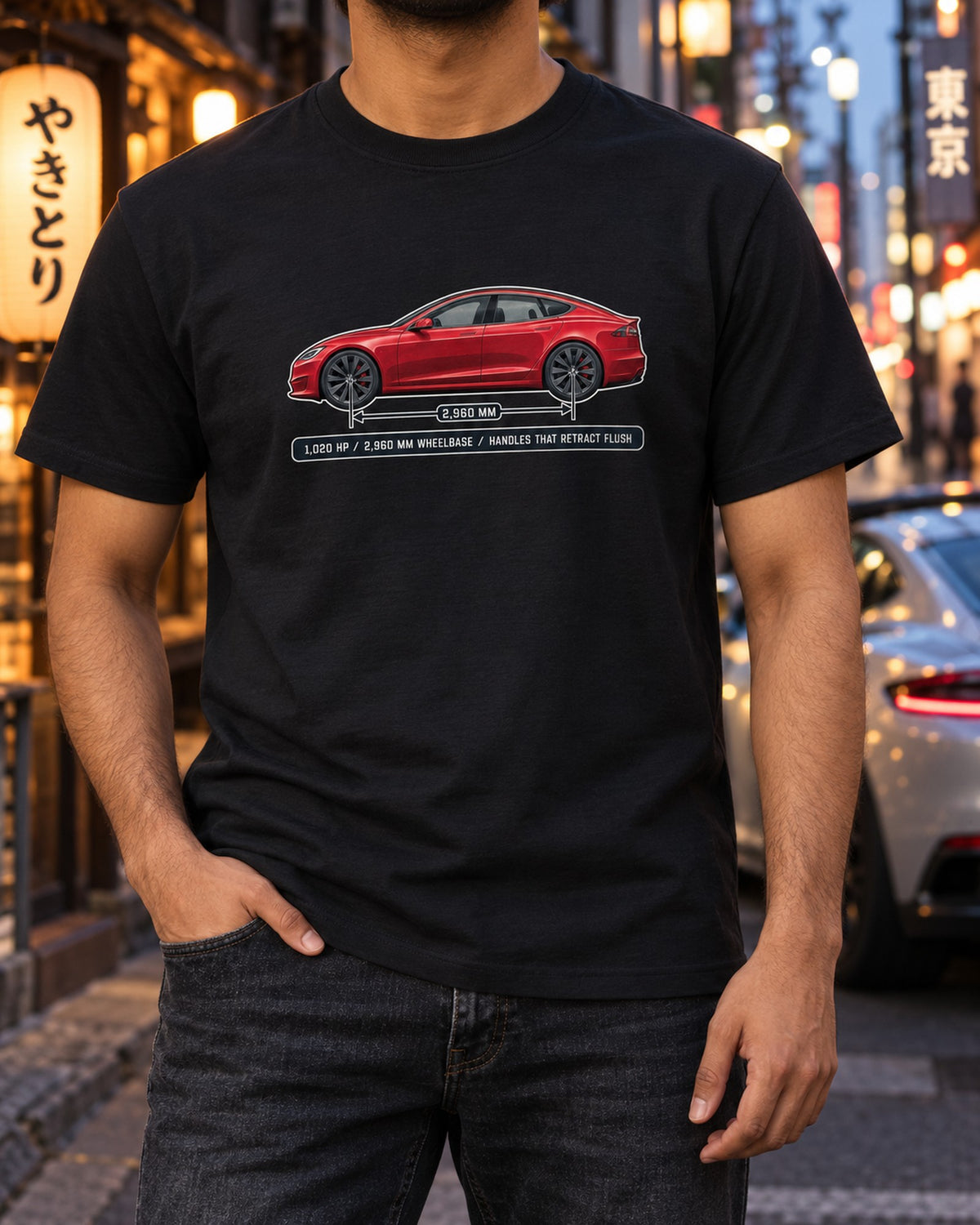 Tesla Model S Plaid Dimension Blueprint Shirt, 1,020 HP Sedan T-Shirt Black worn hero