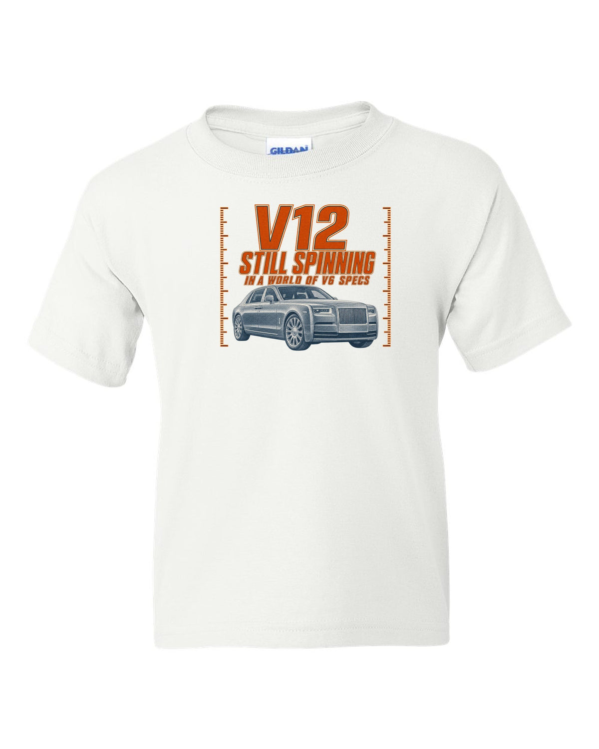 Halftone print of a silver Mercedes-Maybach S680 Z223 front three-quarter white kids tee front view with the design
