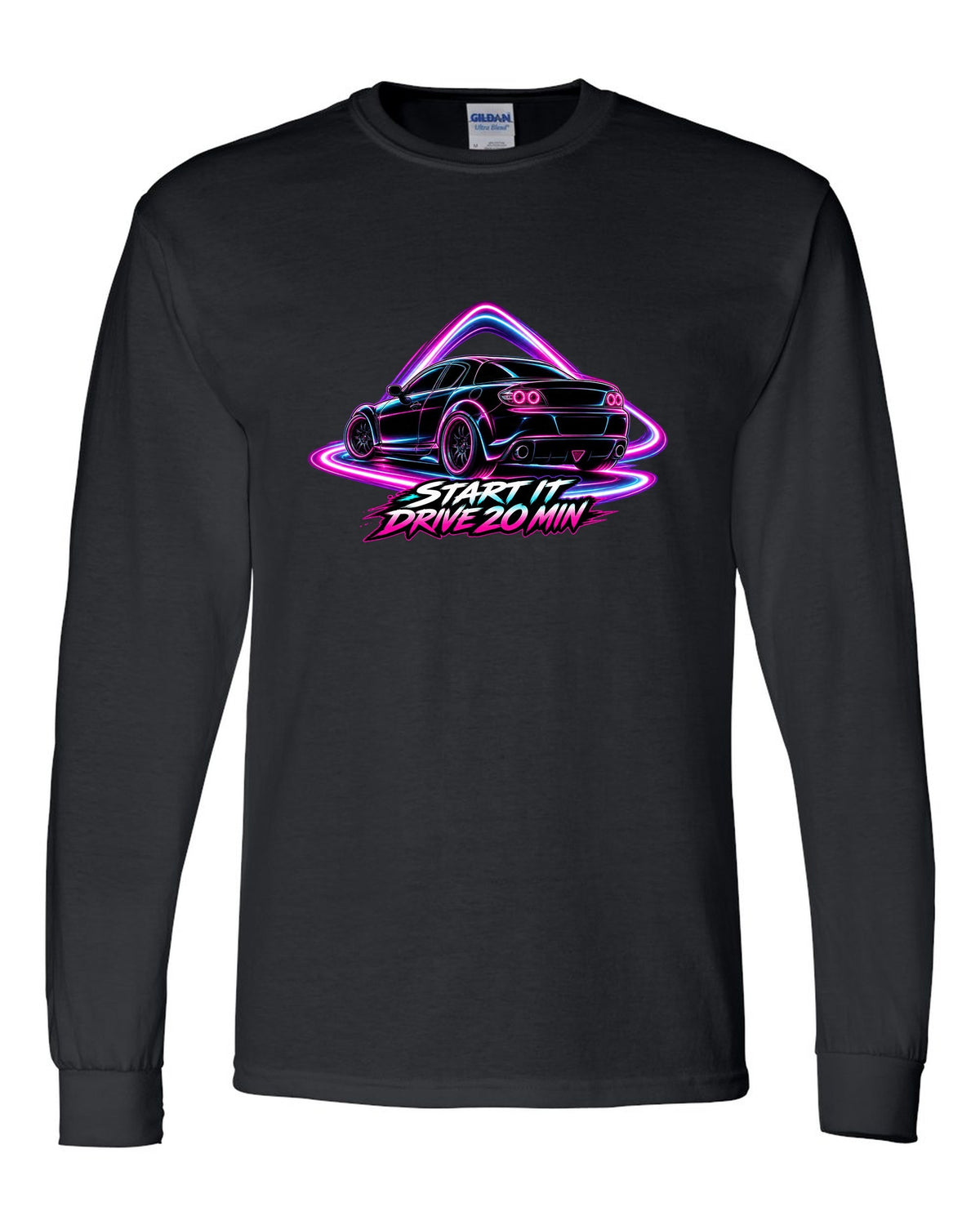 Neon outline light painting of a Mazda RX-8 SE3P with START IT / DRIVE 20 MIN lettering black long sleeve front view with the design