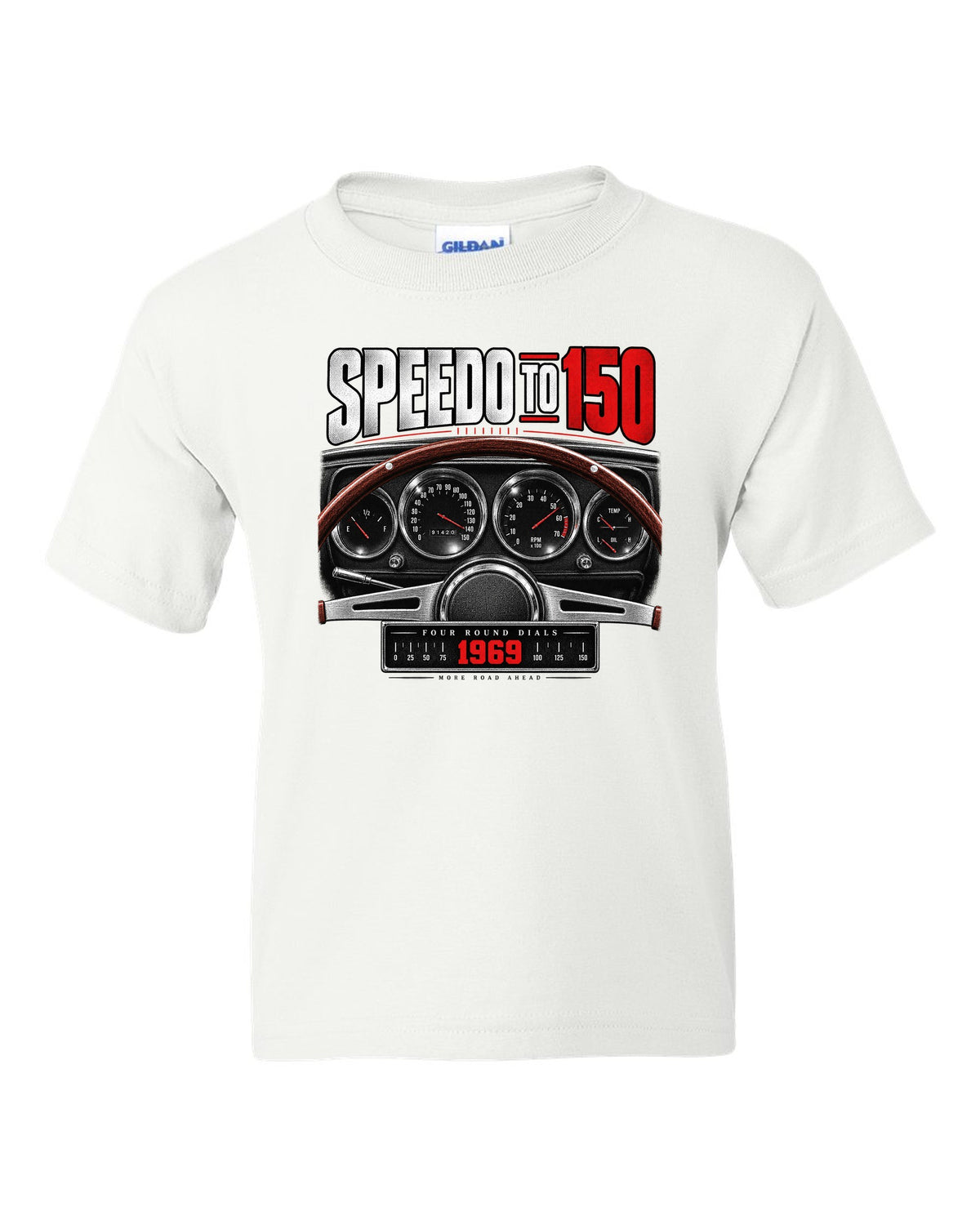 Cockpit gauge print of a 1969 Dodge Charger R/T with four round dials and a 150 speedometer white kids tee front view with the design