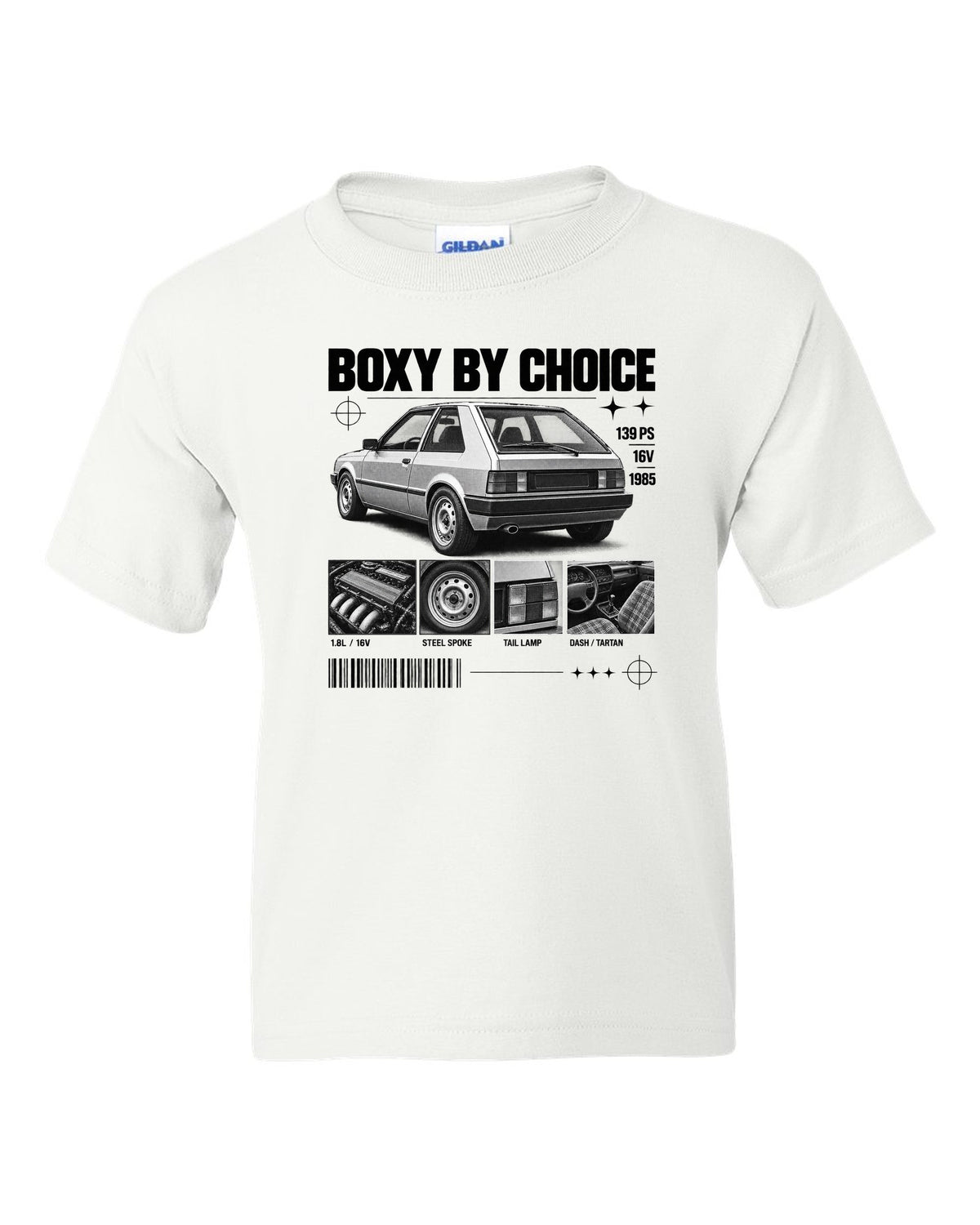 VW Golf Mk2 GTI 16V 1985 rear three-quarter in dossier panels with 139 PS text white kids tee front view with the design