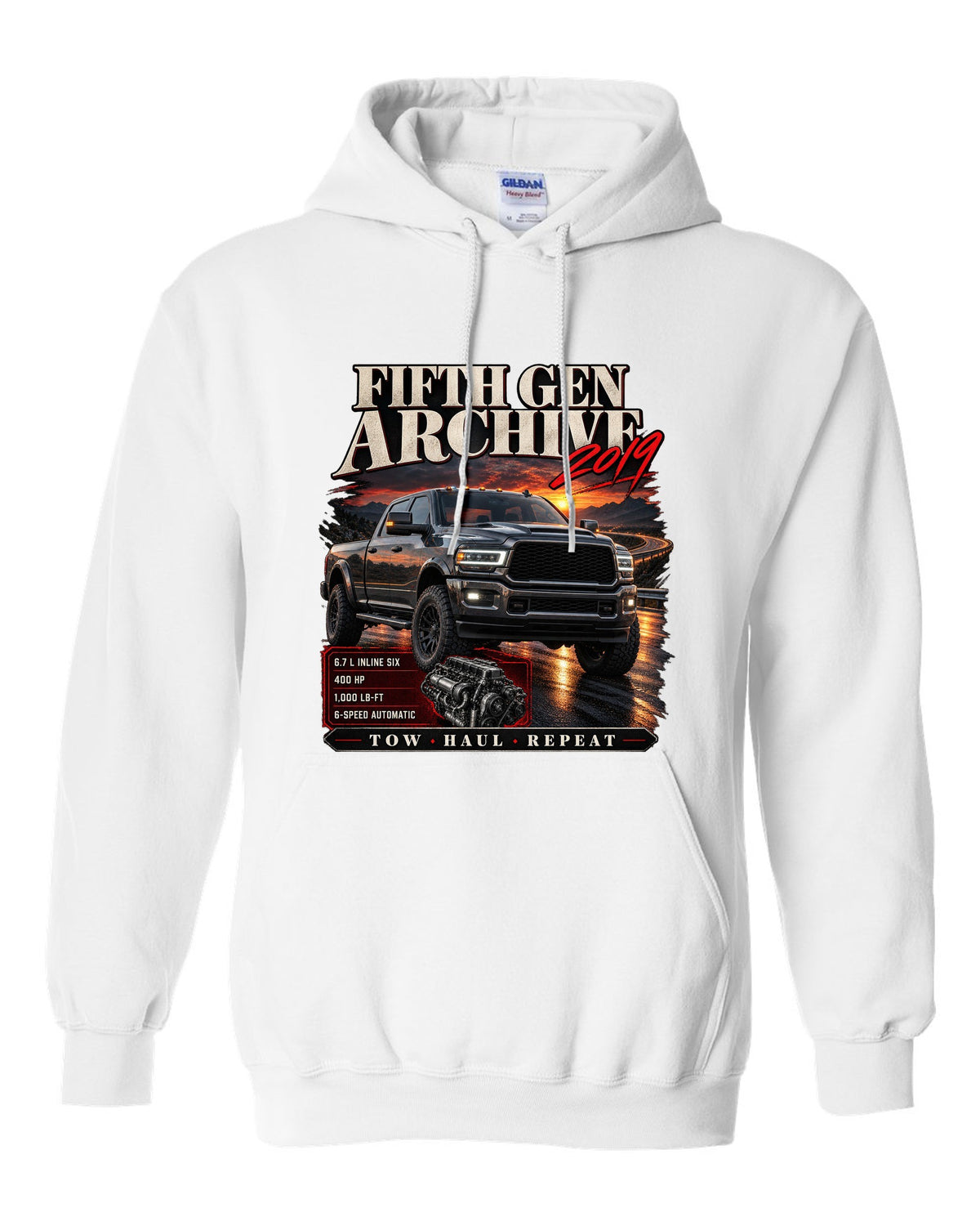 Archive panel print of a 2019 Ram HD 2500 6.7 HO diesel pickup with torque figure white pull over hoodie front view with the design