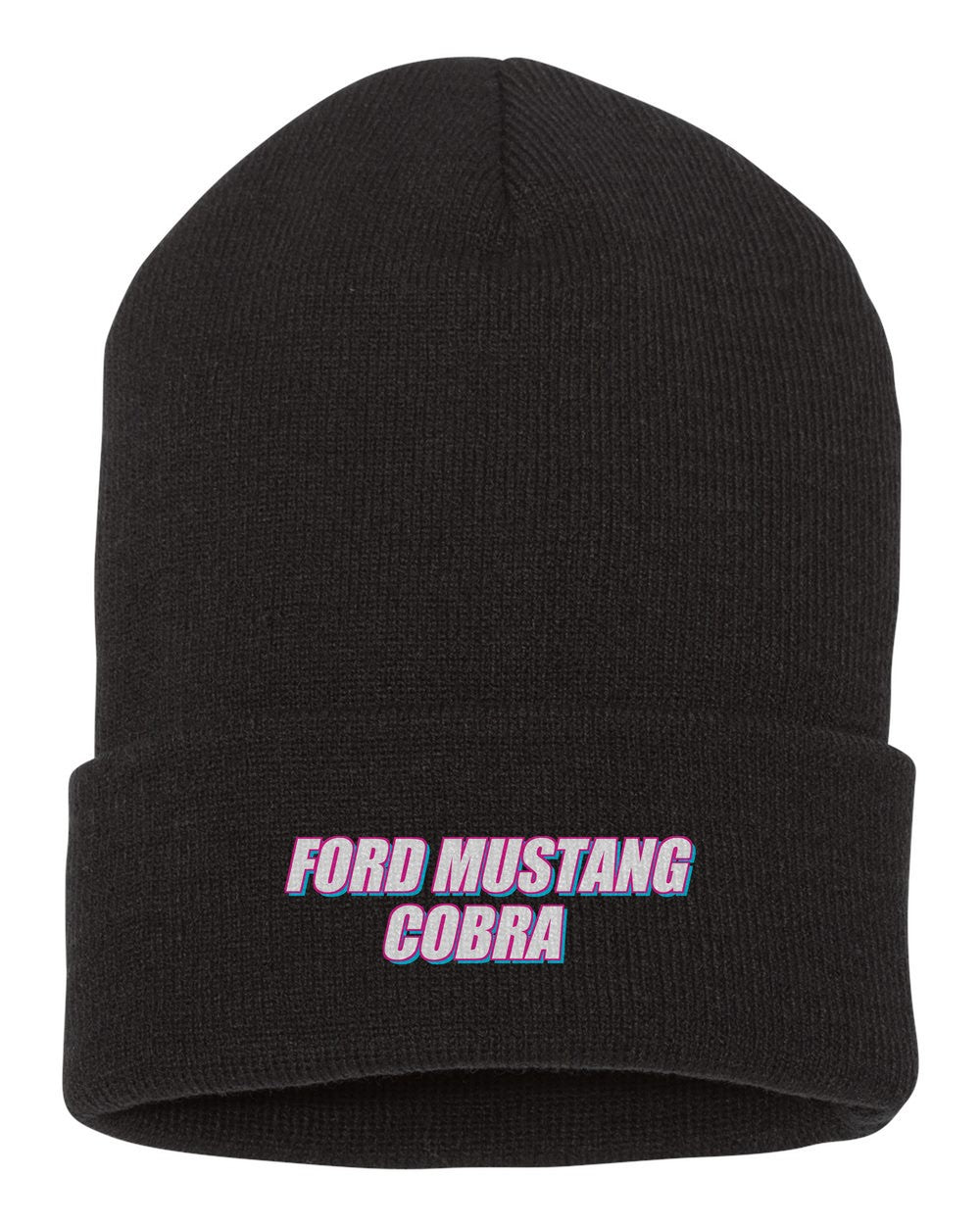 Ford Mustang Cobra black beanie front view with car name