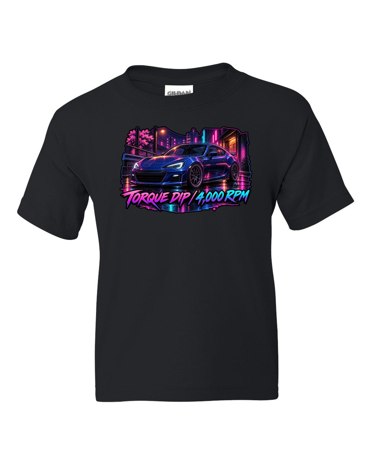 Spray-paint graffiti style Subaru BRZ ZD8 drifting with FA24 2.4L dip fixed text black kids tee front view with the design