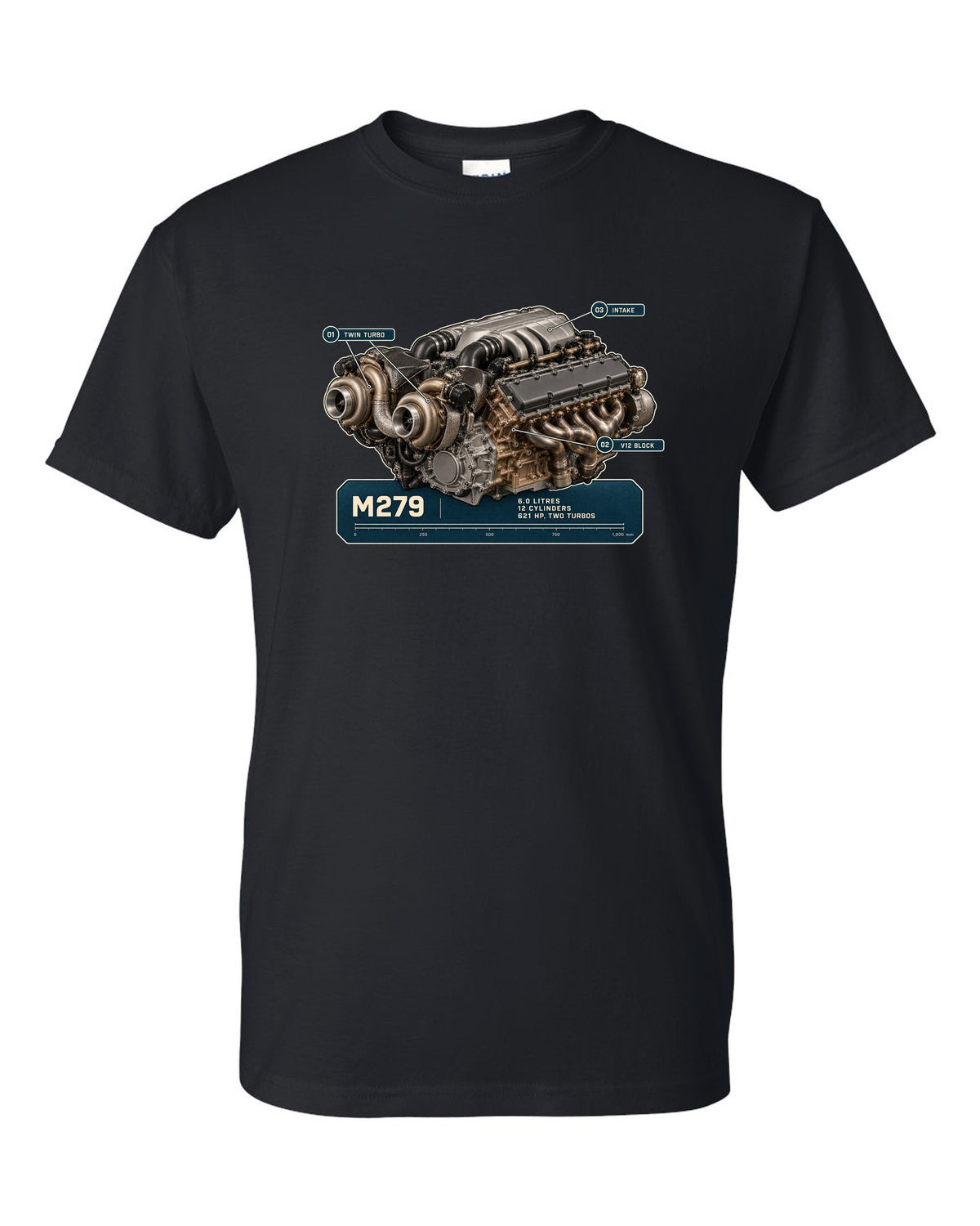 Mercedes-Maybach S680 M279 6.0 litre V12 biturbo engine hero print black t-shirt front view with the design