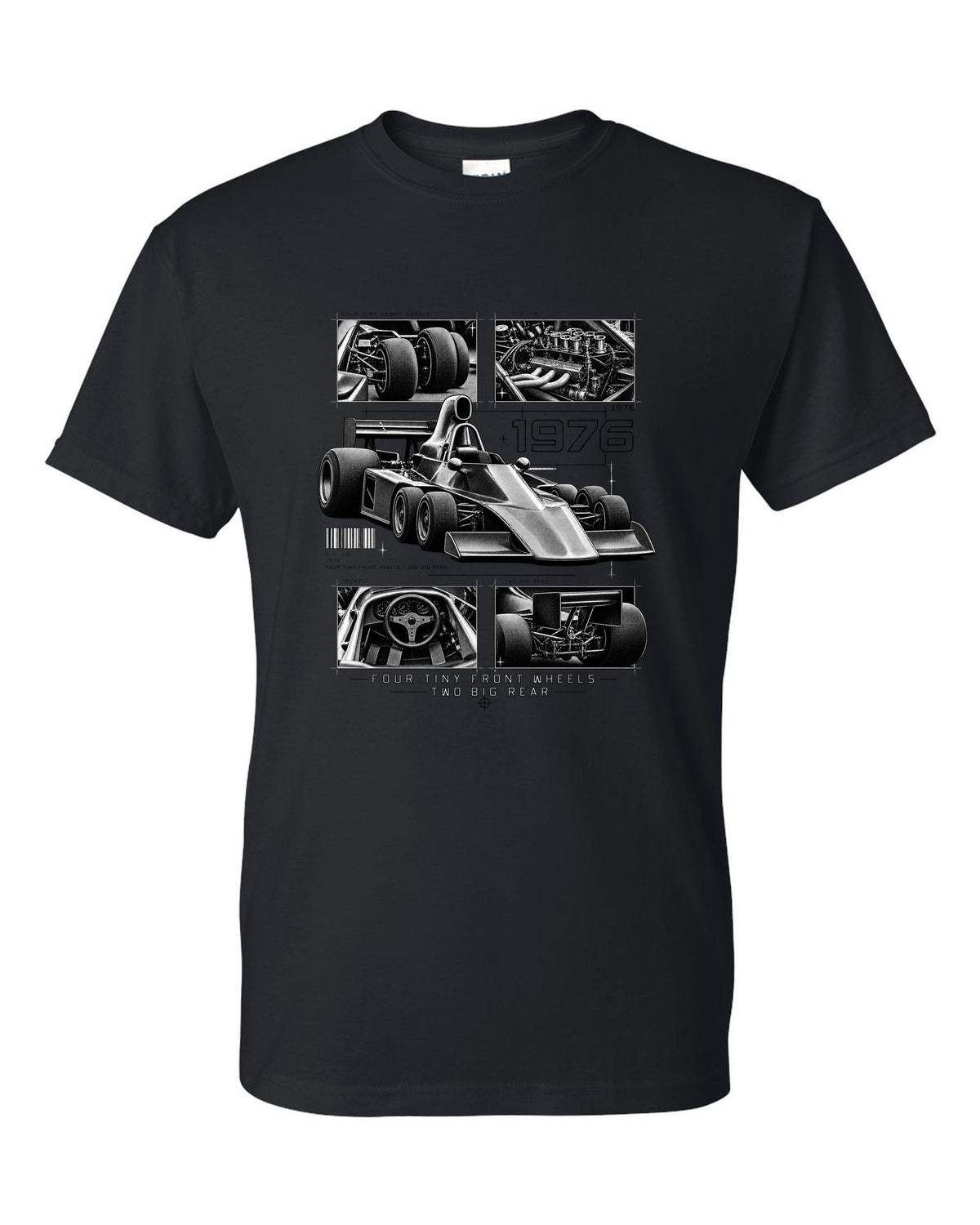 Tyrrell P34 six-wheel F1 car dossier panel print black t-shirt front view with the design