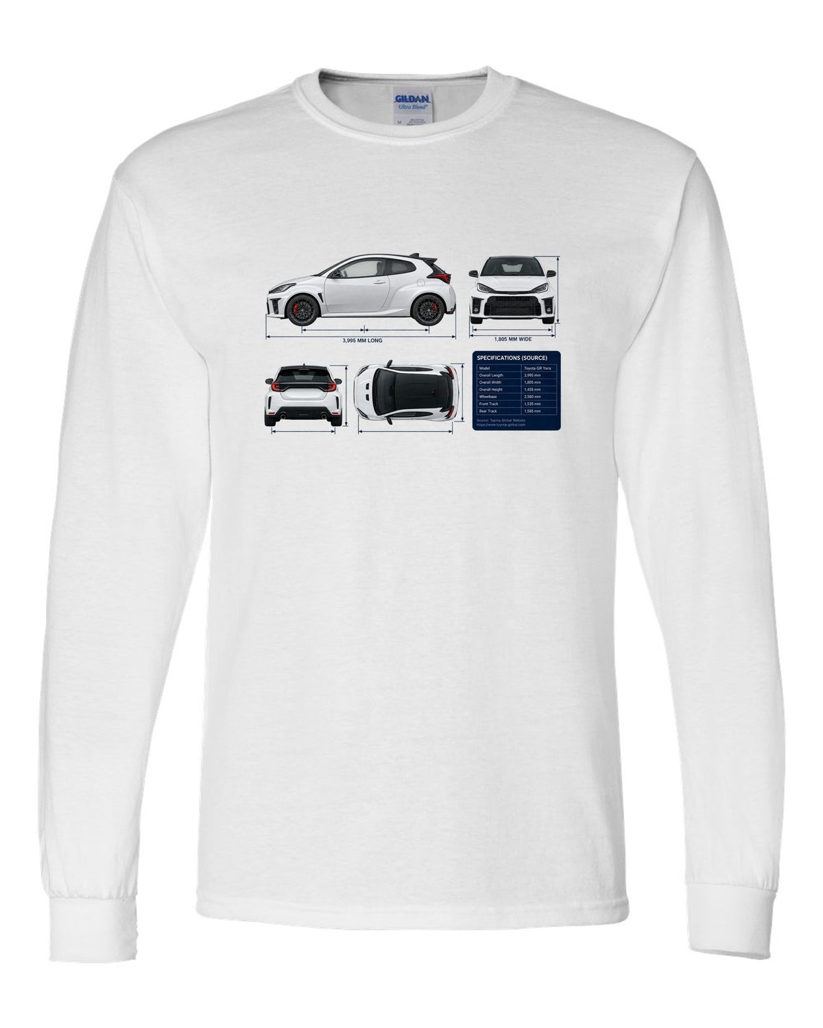 Toyota GR Corolla Morizo Edition Blueprint white long sleeve front view with the design
