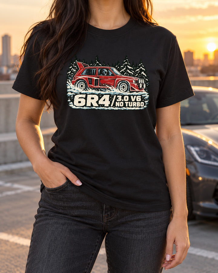 MG Metro 6R4 Naturally Aspirated Linocut Print Tee T-Shirt Black worn hero