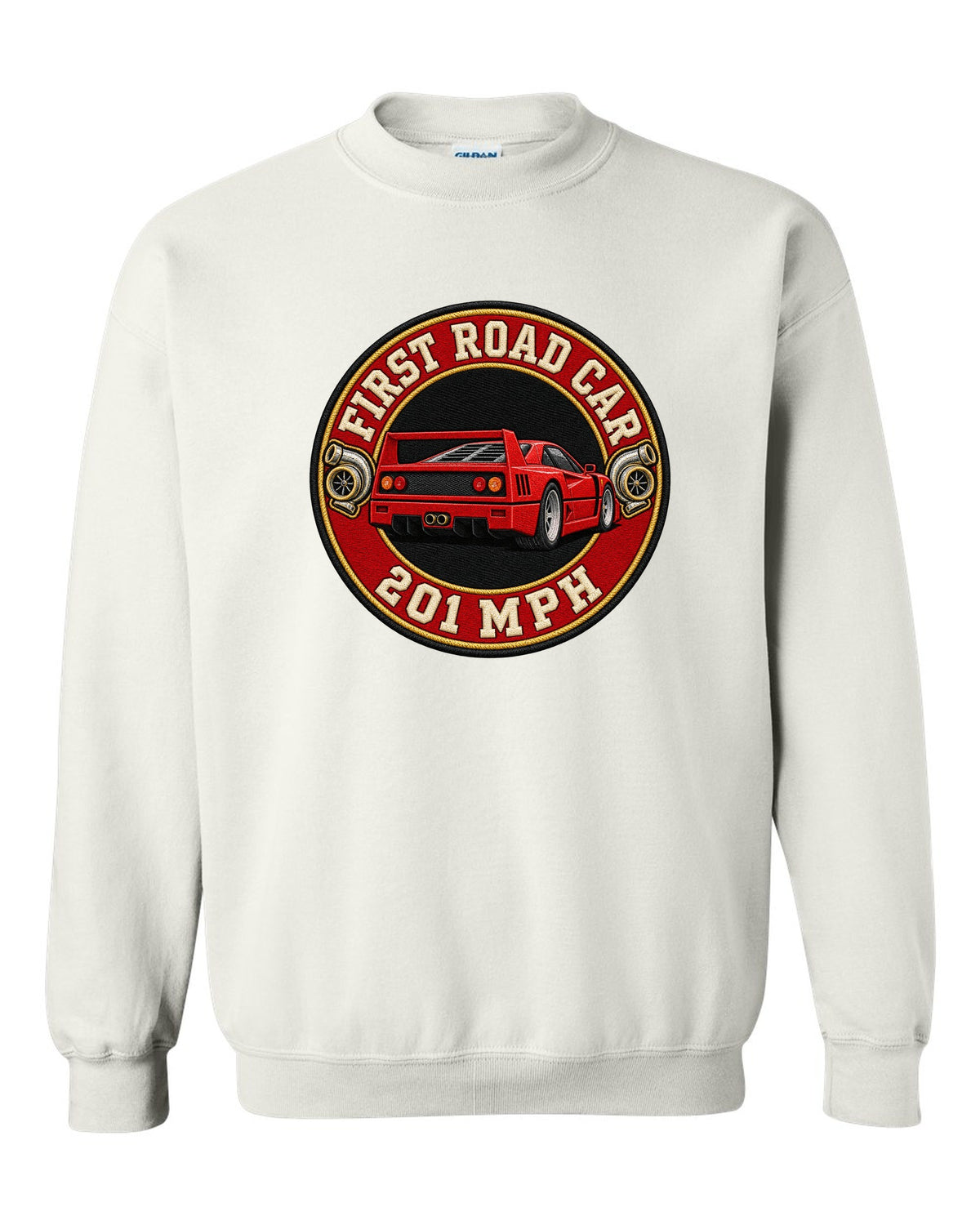 Embroidery-style varsity roundel of a 1987 Ferrari F40 F120 with first road car 201 MPH text white crewneck front view with the design