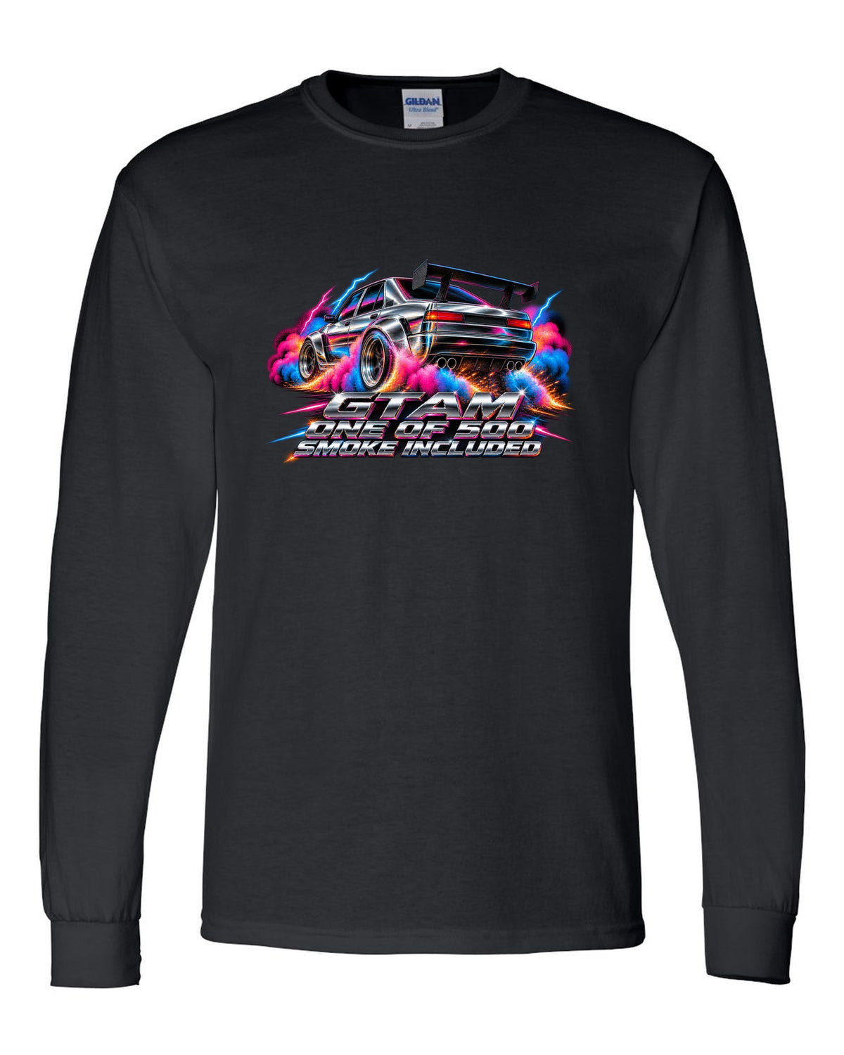 80s airbrush chrome style Alfa Romeo Giulia GTAm with one of 500 smoke included text black long sleeve front view with the design