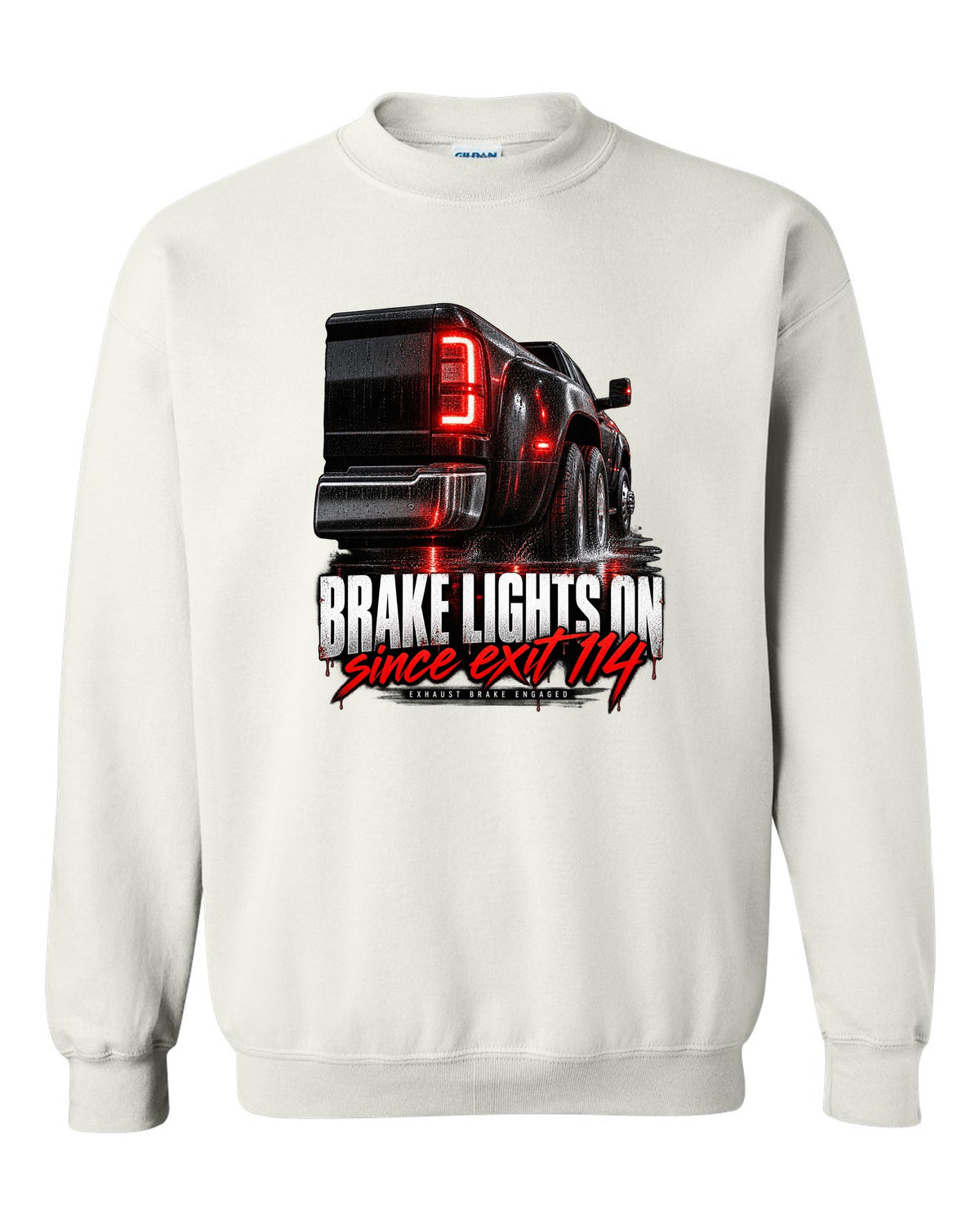Taillight macro print of a 2019-2024 Ram HD 3500 dually with brake lights lit white crewneck front view with the design