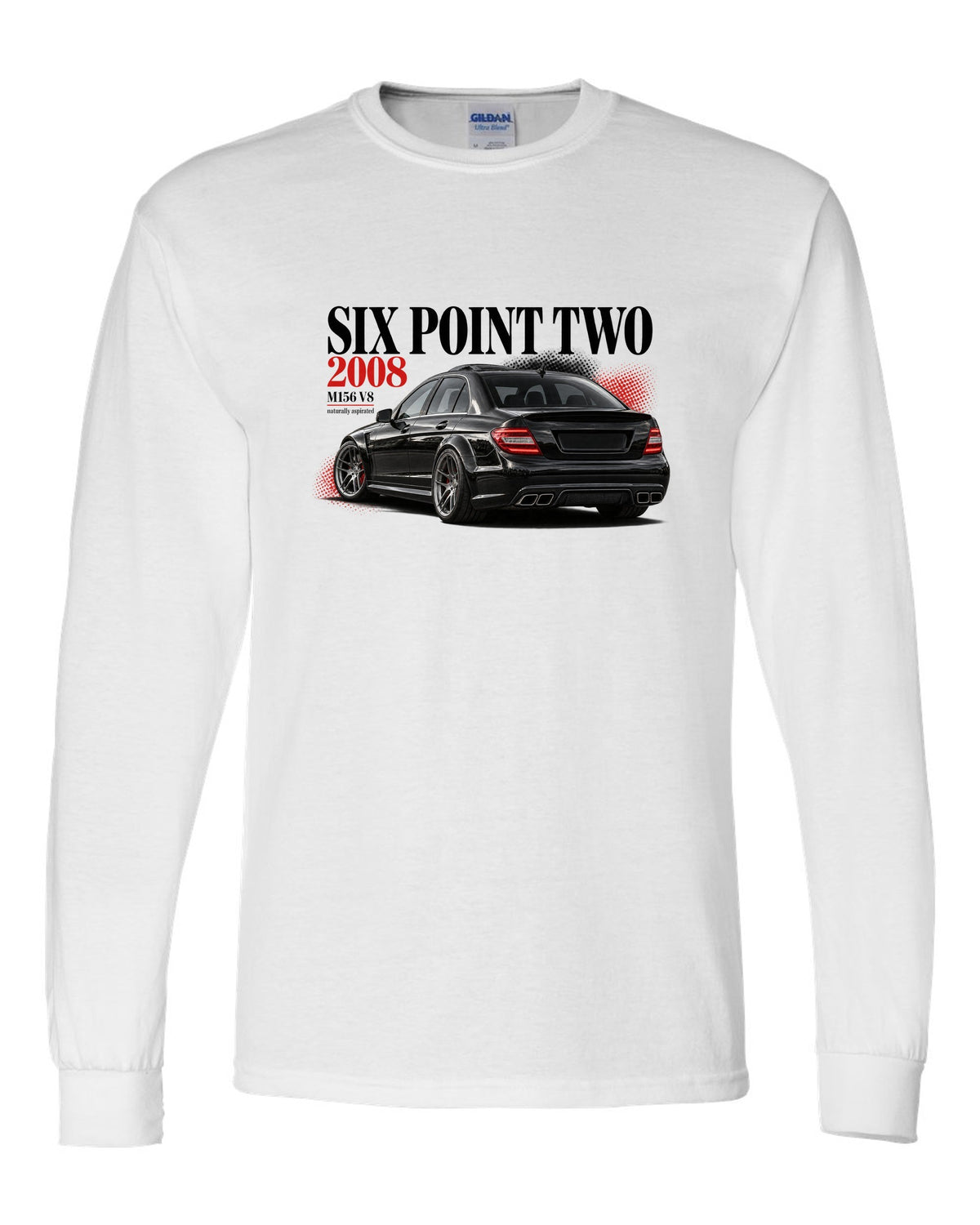 print editorial headline of a 2008 Mercedes C63 AMG W204 sedan with text Six Point Two 2008 white long sleeve front view with the design