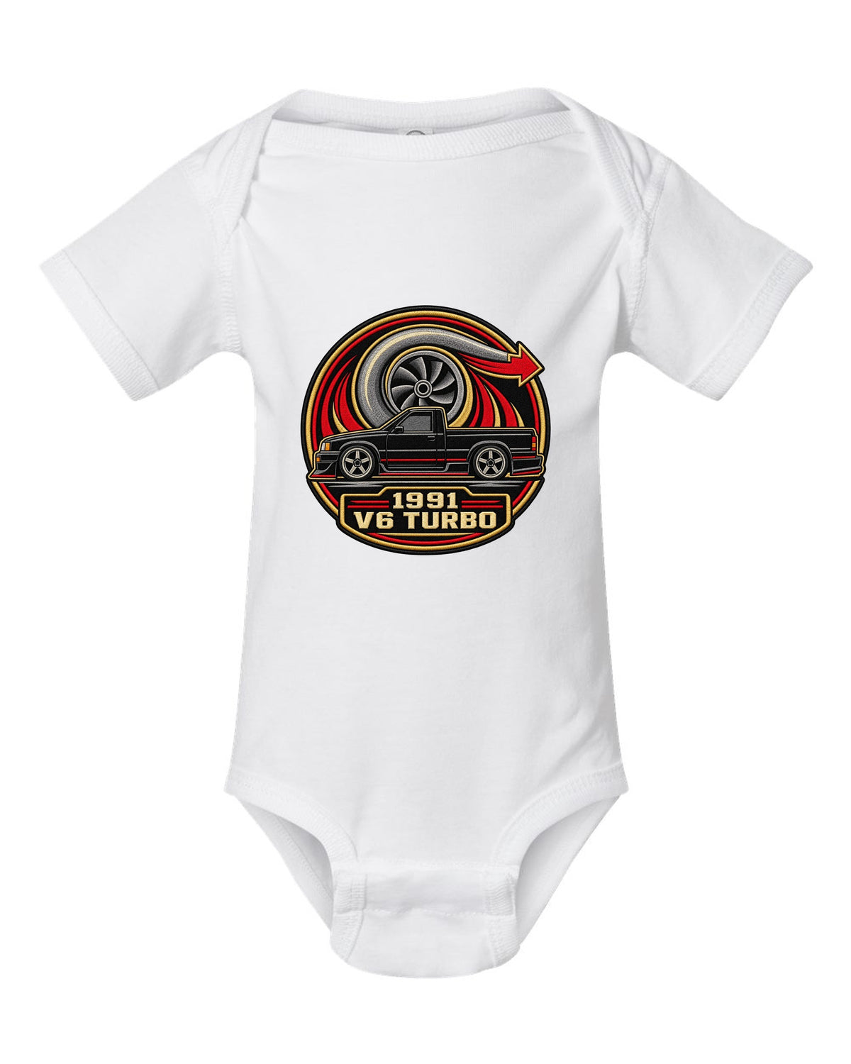 Varsity round embroidery-style design for a 1991 GMC Syclone reading 1991 / V6 TURBO white baby onesie front view with the design