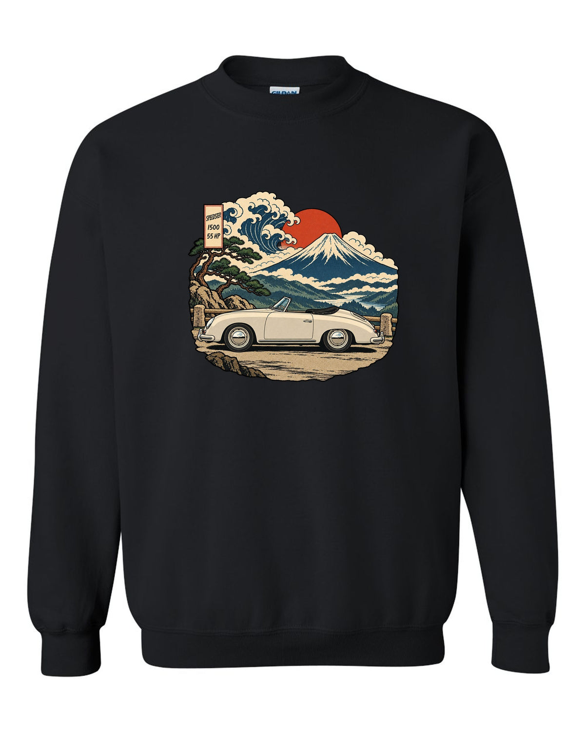 Ukiyo-e woodblock style Porsche 356 Pre-A Speedster on a mountain pass black crewneck front view with the design