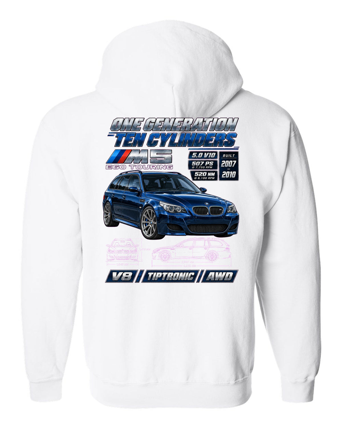 BMW M5 E60 V10 saloon spec poster print white zip hoodie back view with the design
