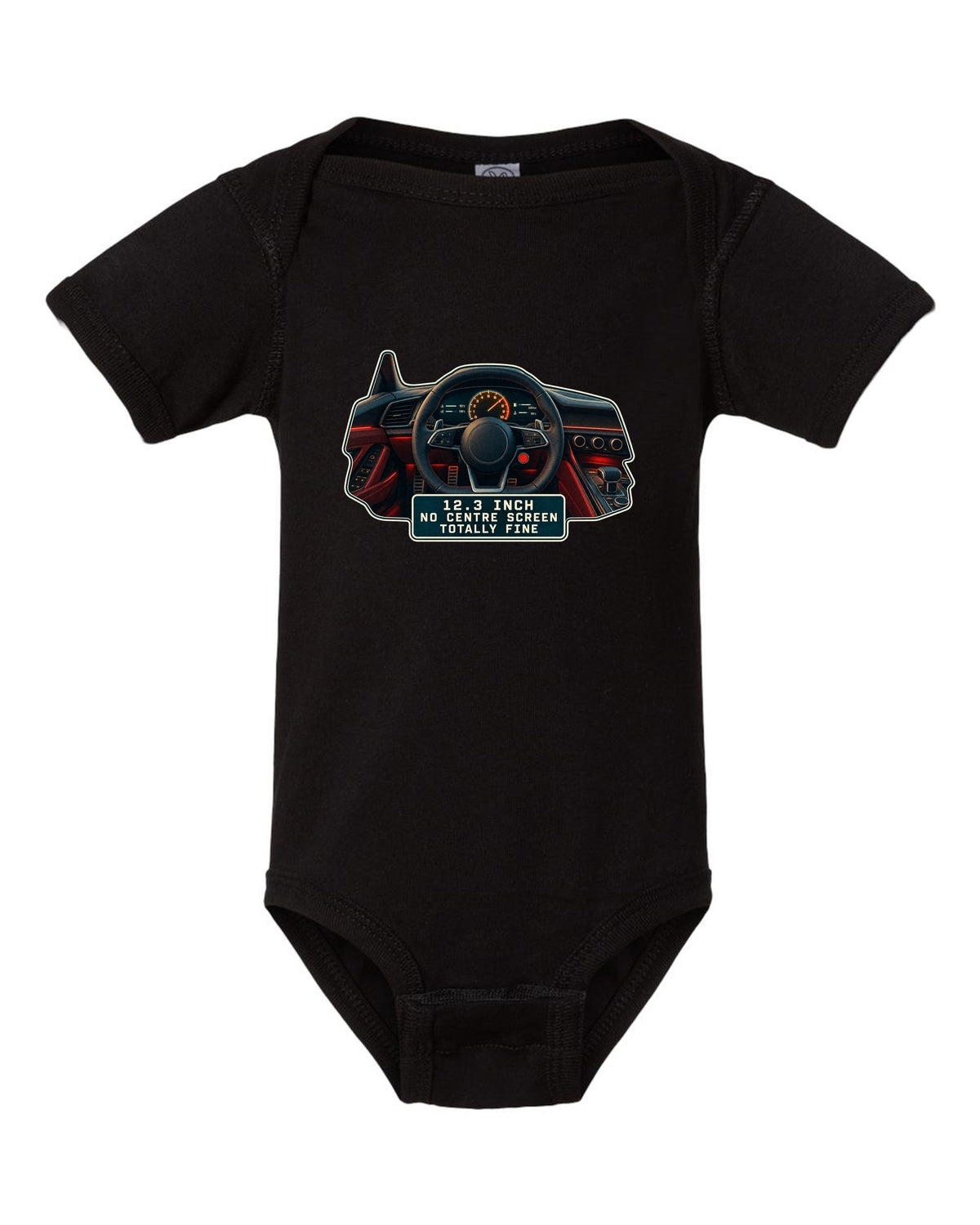 Audi R8 V10 Type 4S virtual cockpit digital gauge print design black baby onesie front view with the design
