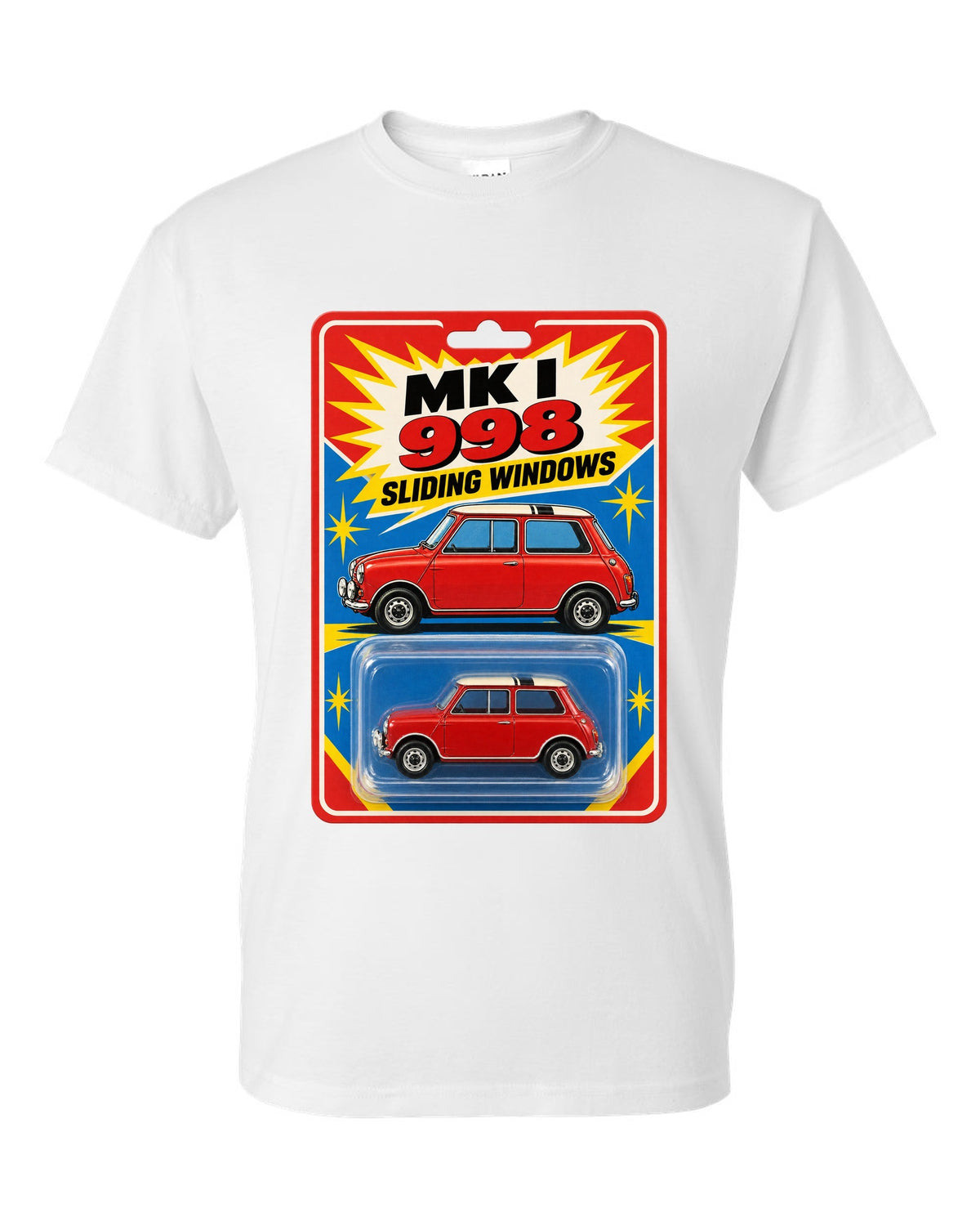 1967 Mini Cooper Mk I on a toy blister card with 998 and sliding windows text white t-shirt front view with the design