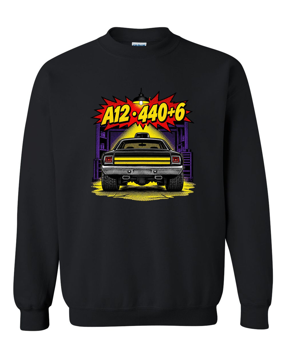 1969 Dodge Coronet Super Bee A12 comic halftone pop-art print with A12 440+6 text black crewneck front view with the design