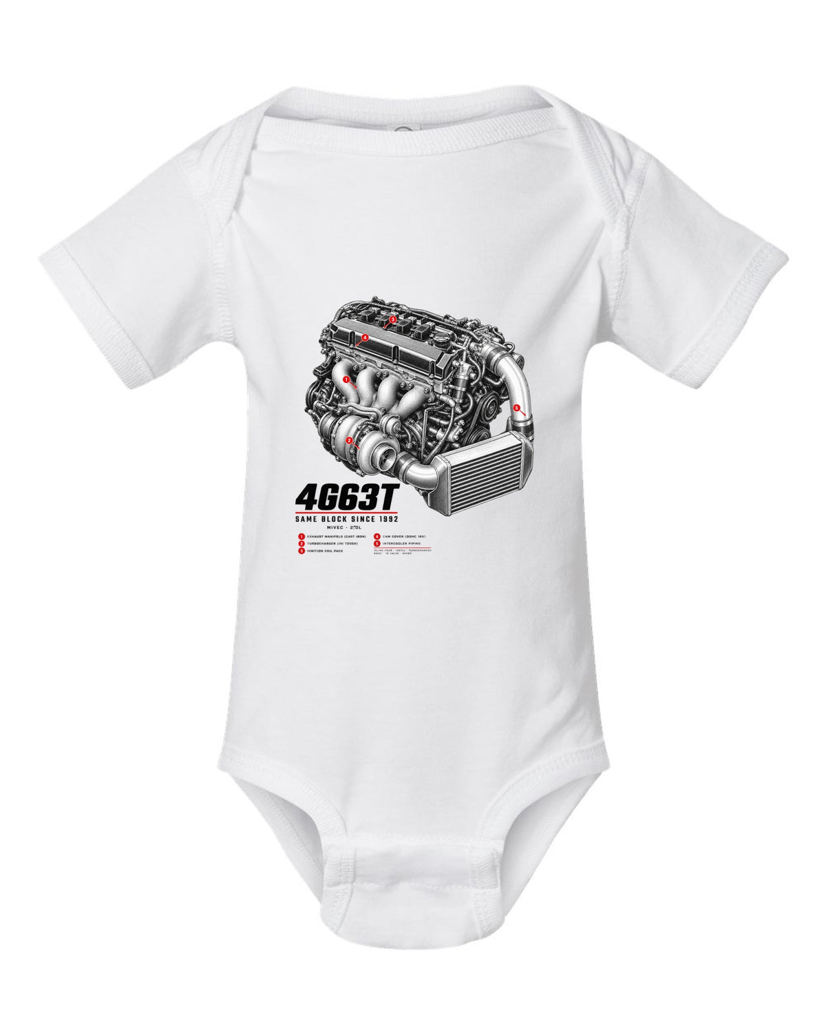 Engine hero print for the Mitsubishi Lancer Evolution IX MR CT9A reading 4G63T, MIVEC, 2.0L, same block since 1992 white baby onesie front view with the design