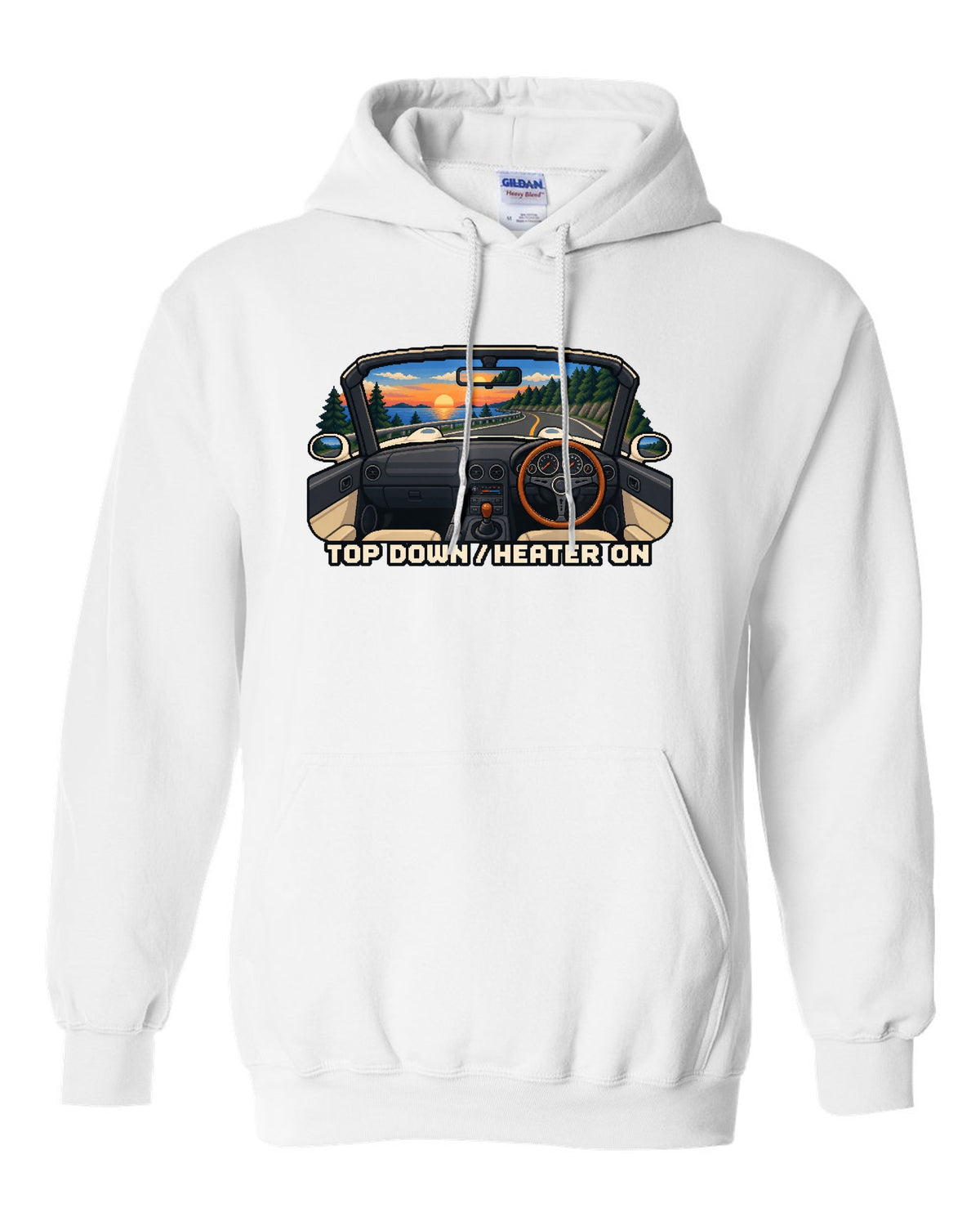 Cel-shaded 90s anime night scene of a Mazda RX-7 FD3S under sodium lights white pull over hoodie front view with the design