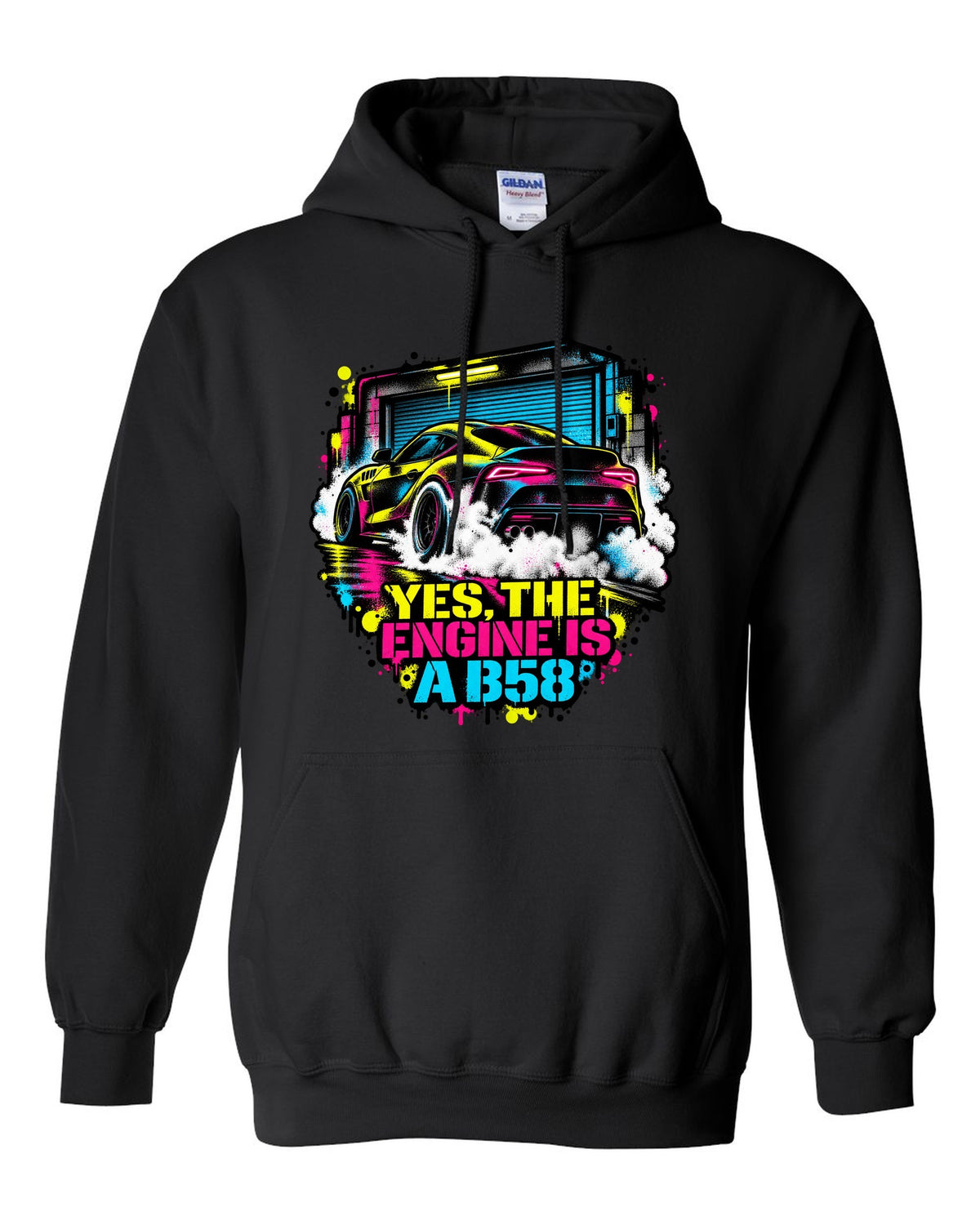 Stencil spray street art of a Toyota GR Supra A90 burnout on a garage door black pull over hoodie front view with the design