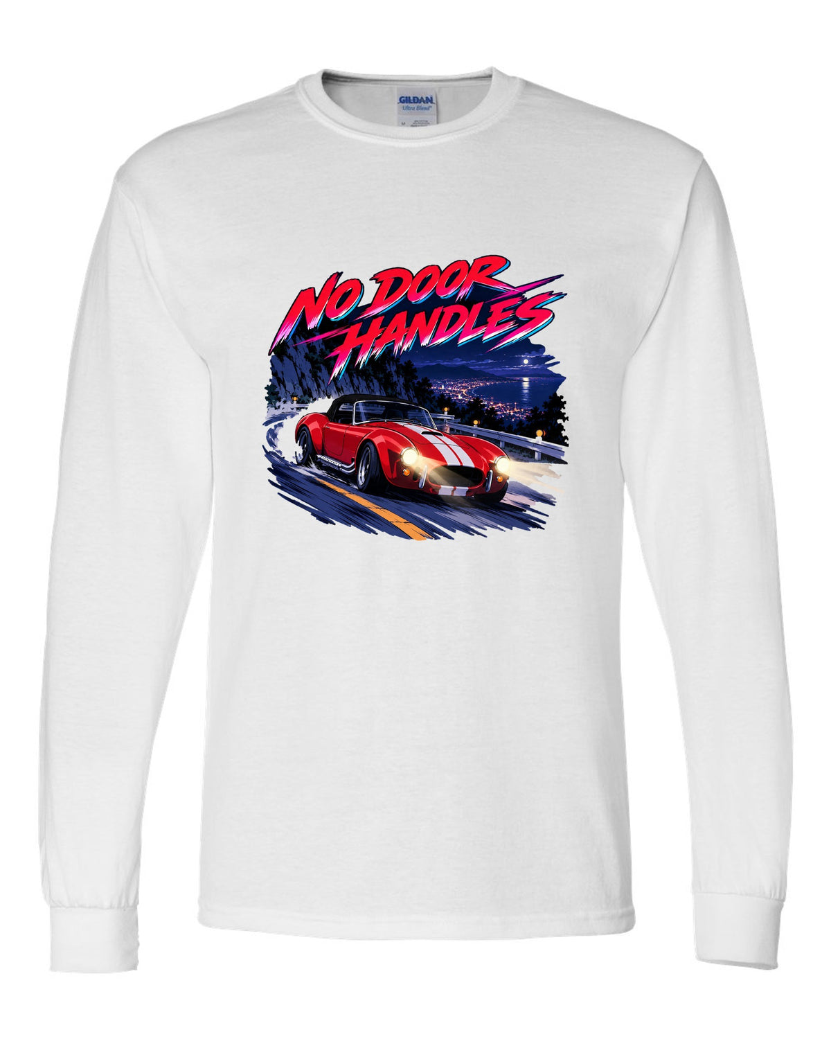 Cel-shaded anime night touge scene with a 1995 Dodge Viper RT/10 SR I and no door handles caption white long sleeve front view with the design