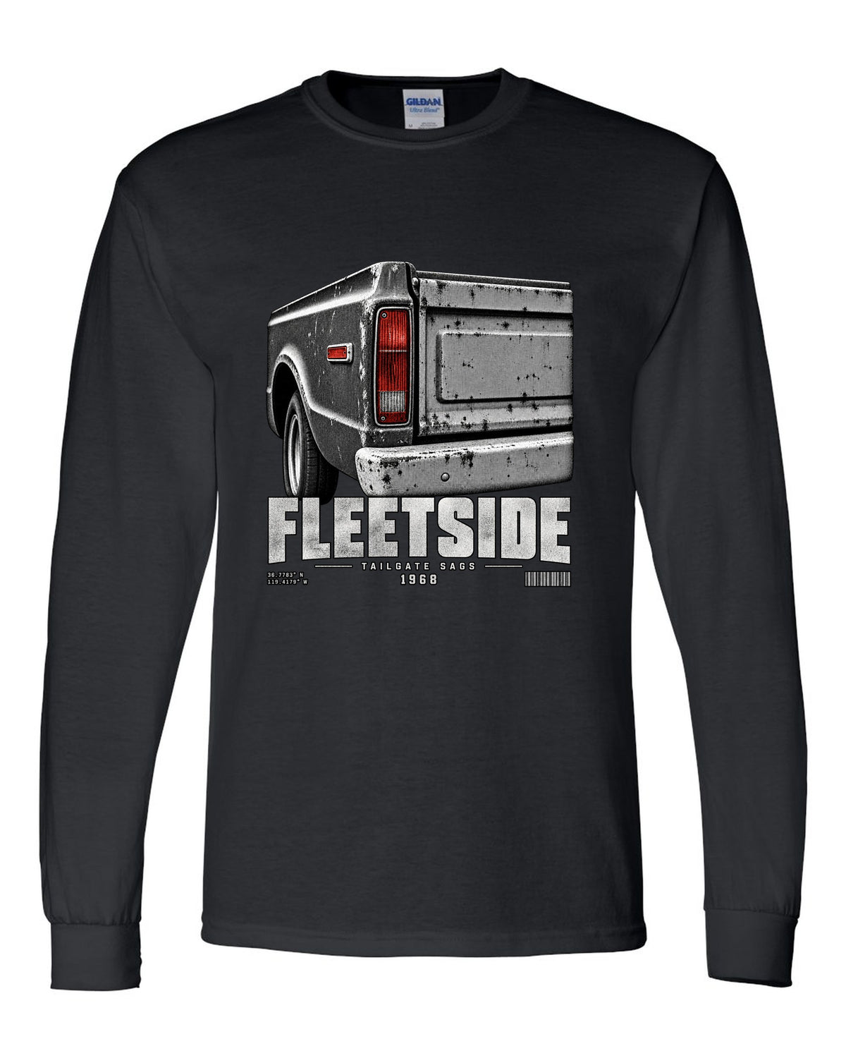 Close-up of a 1968 Chevy C10 Fleetside taillight and tailgate, print black long sleeve front view with the design