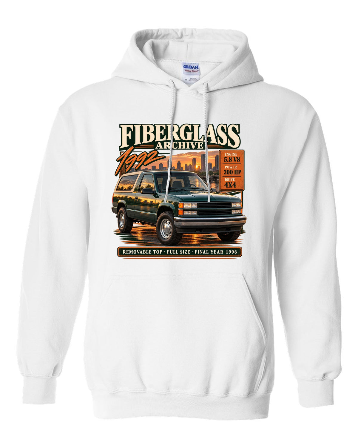 Ford Bronco OBS 1992-96 fiberglass archive panel print with 5.8 V8 and final year 1996 white pull over hoodie front view with the design