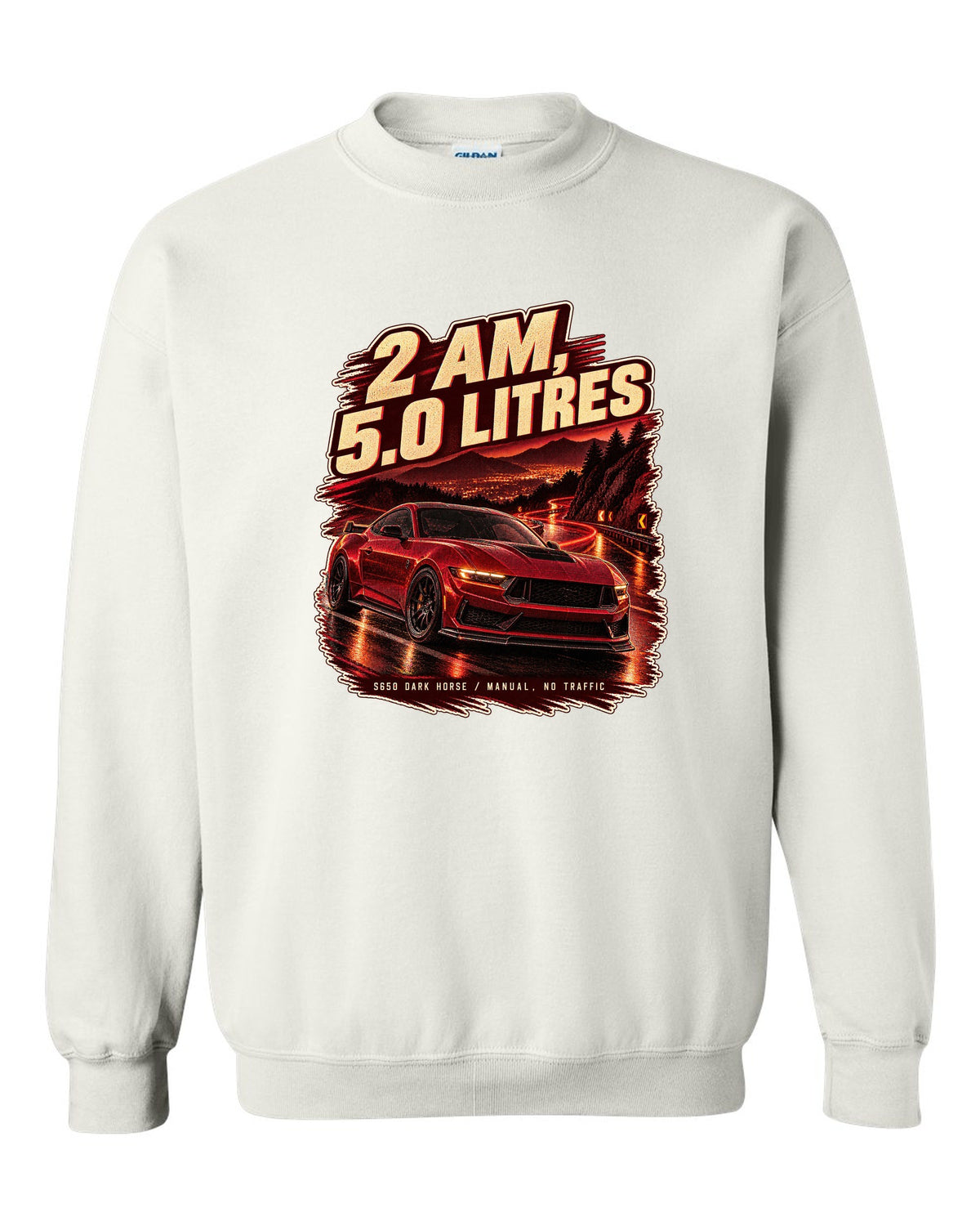 Ford Mustang S650 Dark Horse on an empty night street print white crewneck front view with the design
