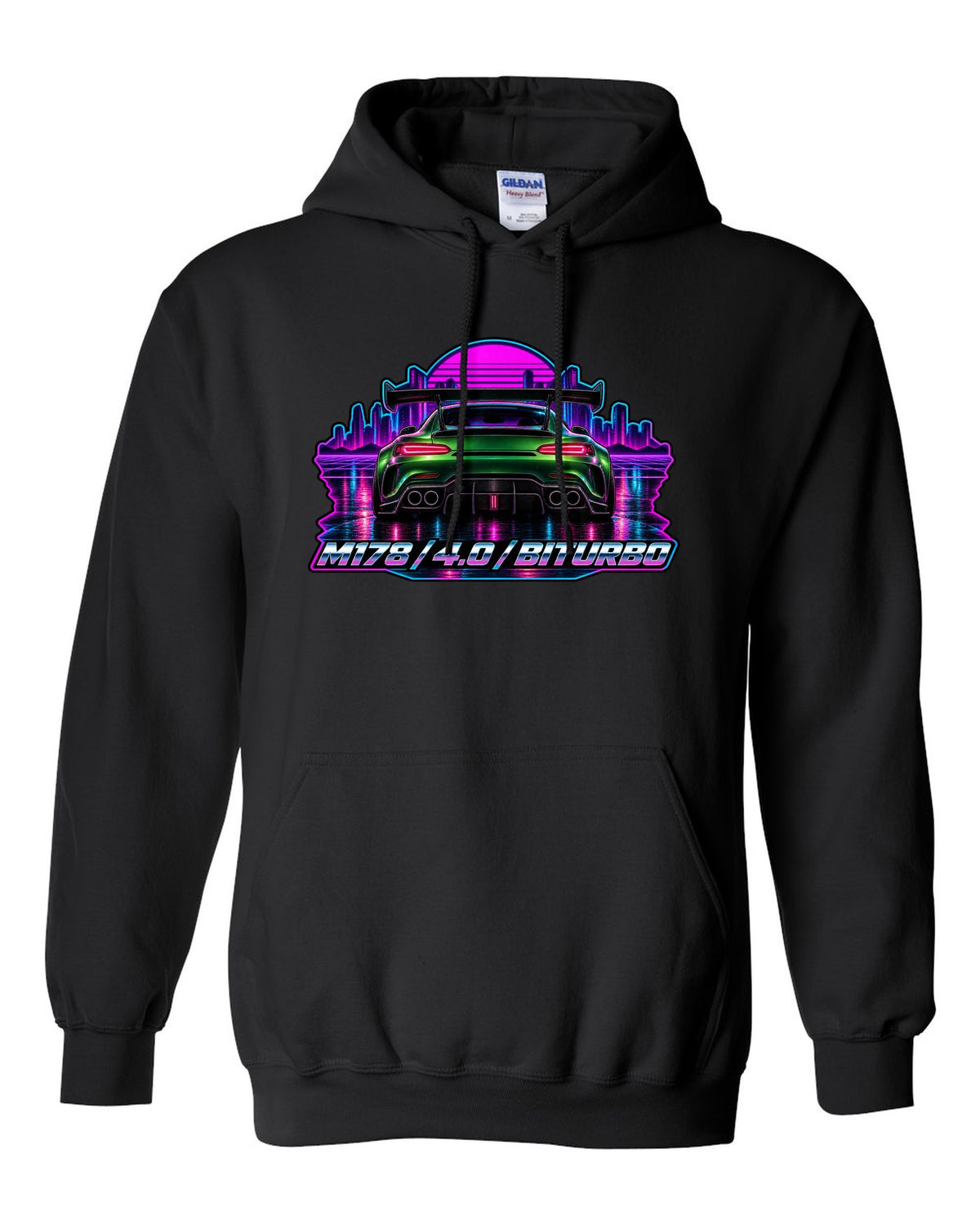 Cyanotype blueprint style engine bay illustration of a Mercedes AMG GT C190 with M178 557 PS text black pull over hoodie front view with the design