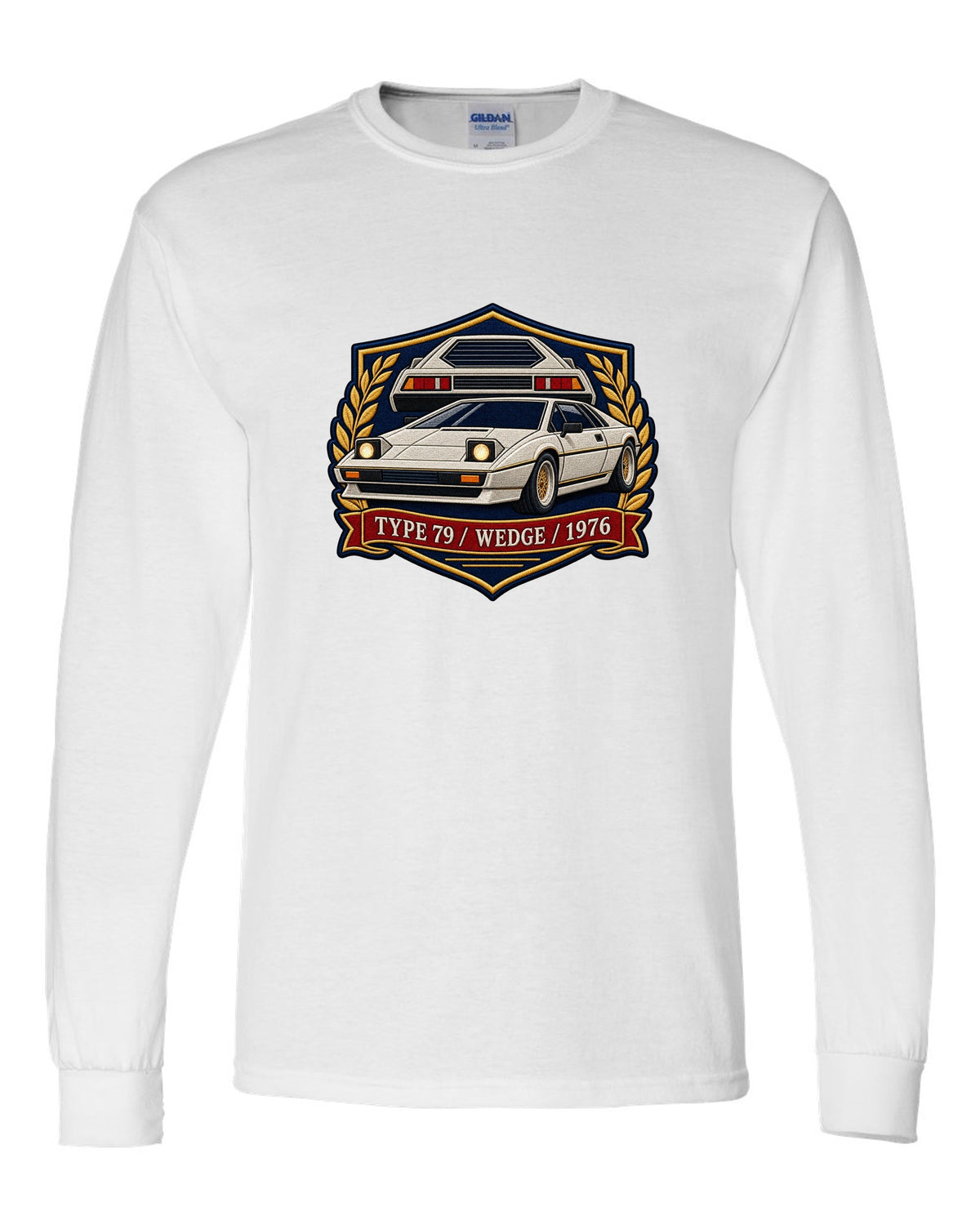 Lotus Esprit Type 79 varsity crest with TYPE 79 WEDGE 1976 lettering white long sleeve front view with the design