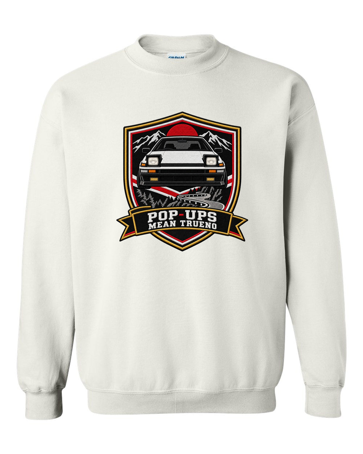 Embroidery varsity crest print of a Toyota Sprinter Trueno AE86 with Pop-Ups lettering white crewneck front view with the design