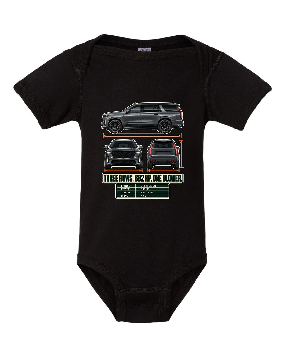Three-view and spec table print of a 2023-25 Cadillac Escalade-V black baby onesie front view with the design