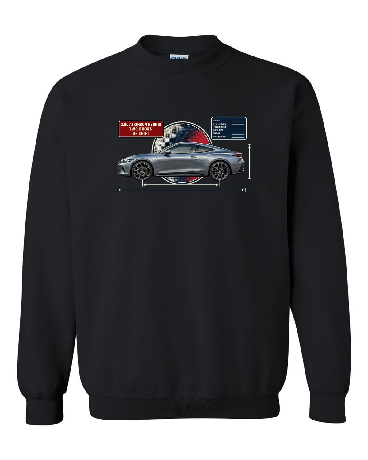 Honda Prelude 2026 sixth-gen dimension blueprint print black crewneck front view with the design