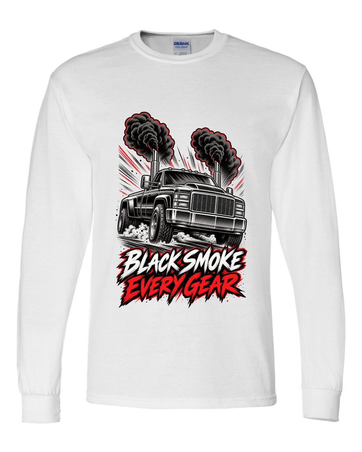 Retro manga halftone panel print of a 1994-1998 Dodge Ram 2500 12V Cummins with black smoke white long sleeve front view with the design