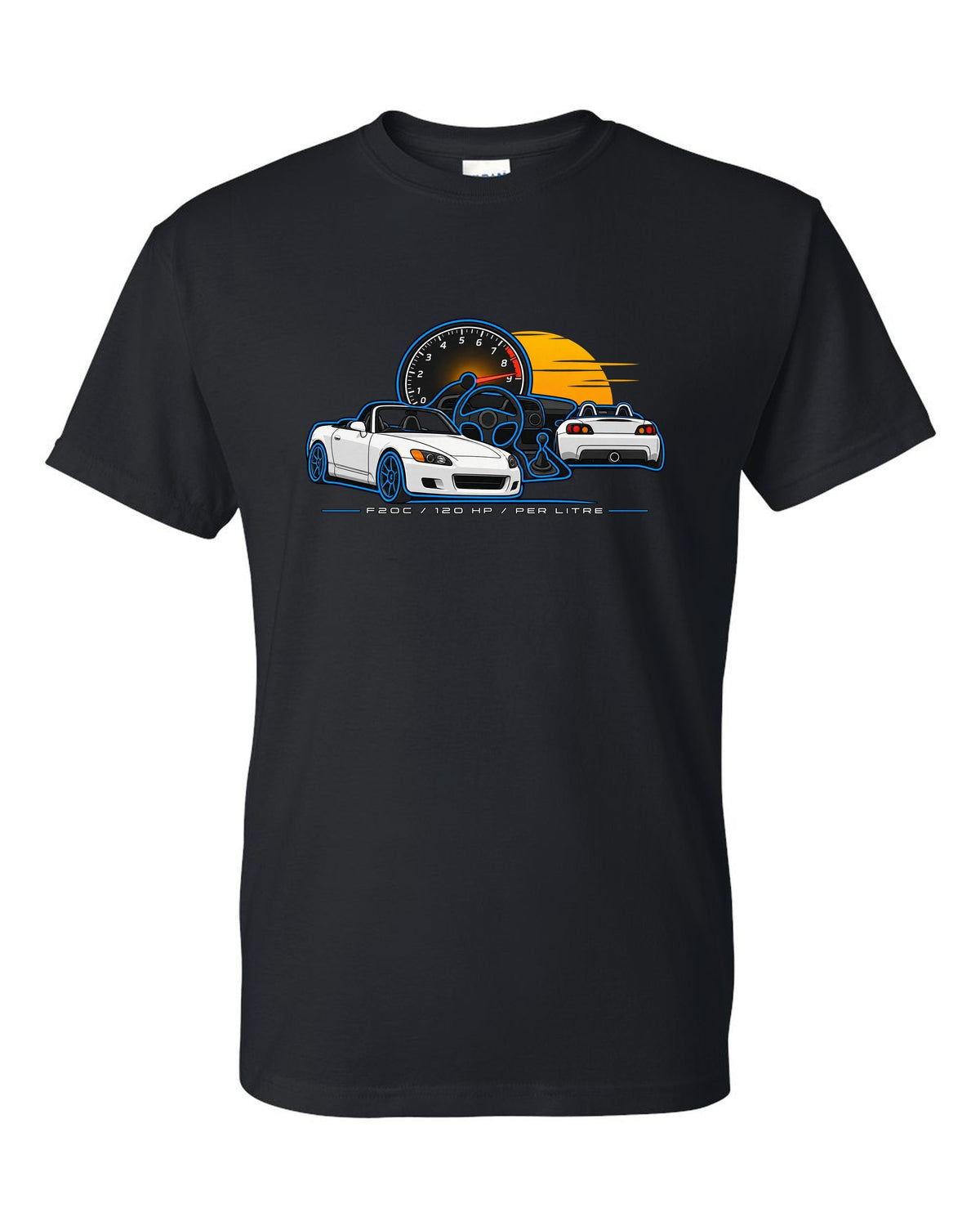 Minimal single-line contour print of a 1999 Honda S2000 AP1 with F20C 120 HP Per Litre lettering black t-shirt front view with the design