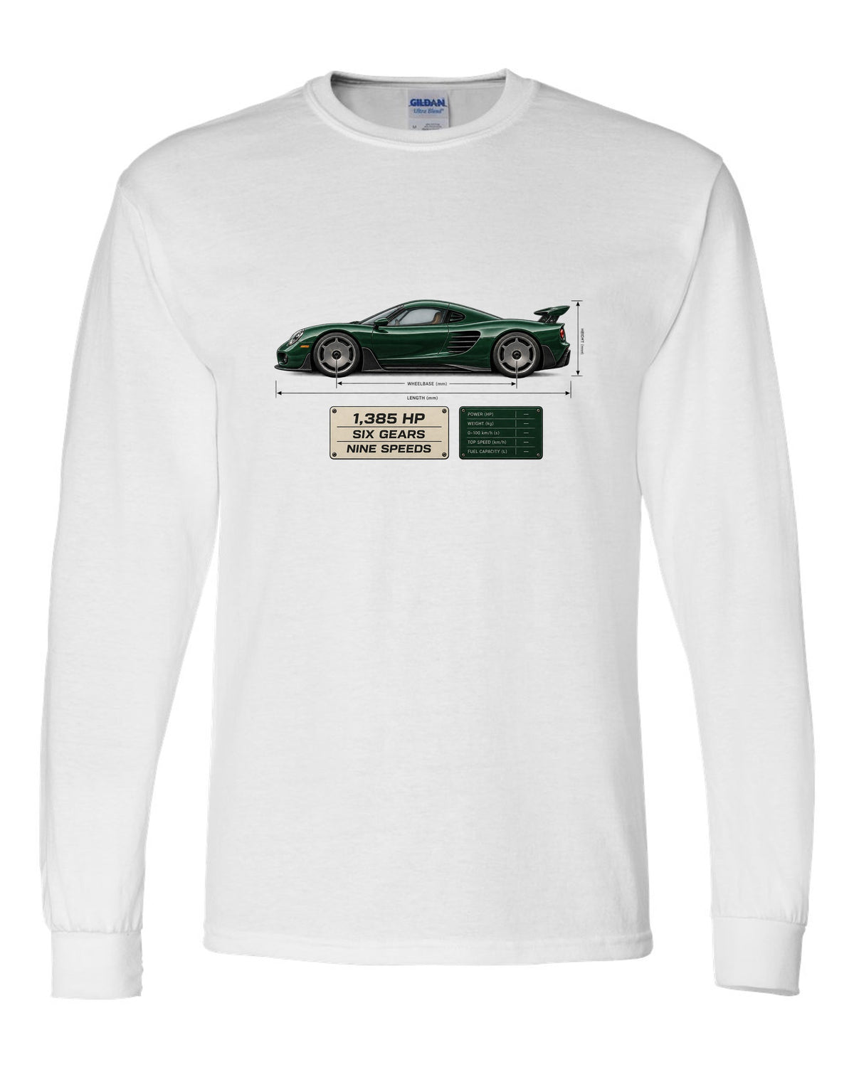 Blueprint print of the Koenigsegg CC850 with the text 1,385 hp, six gears, nine speeds white long sleeve front view with the design