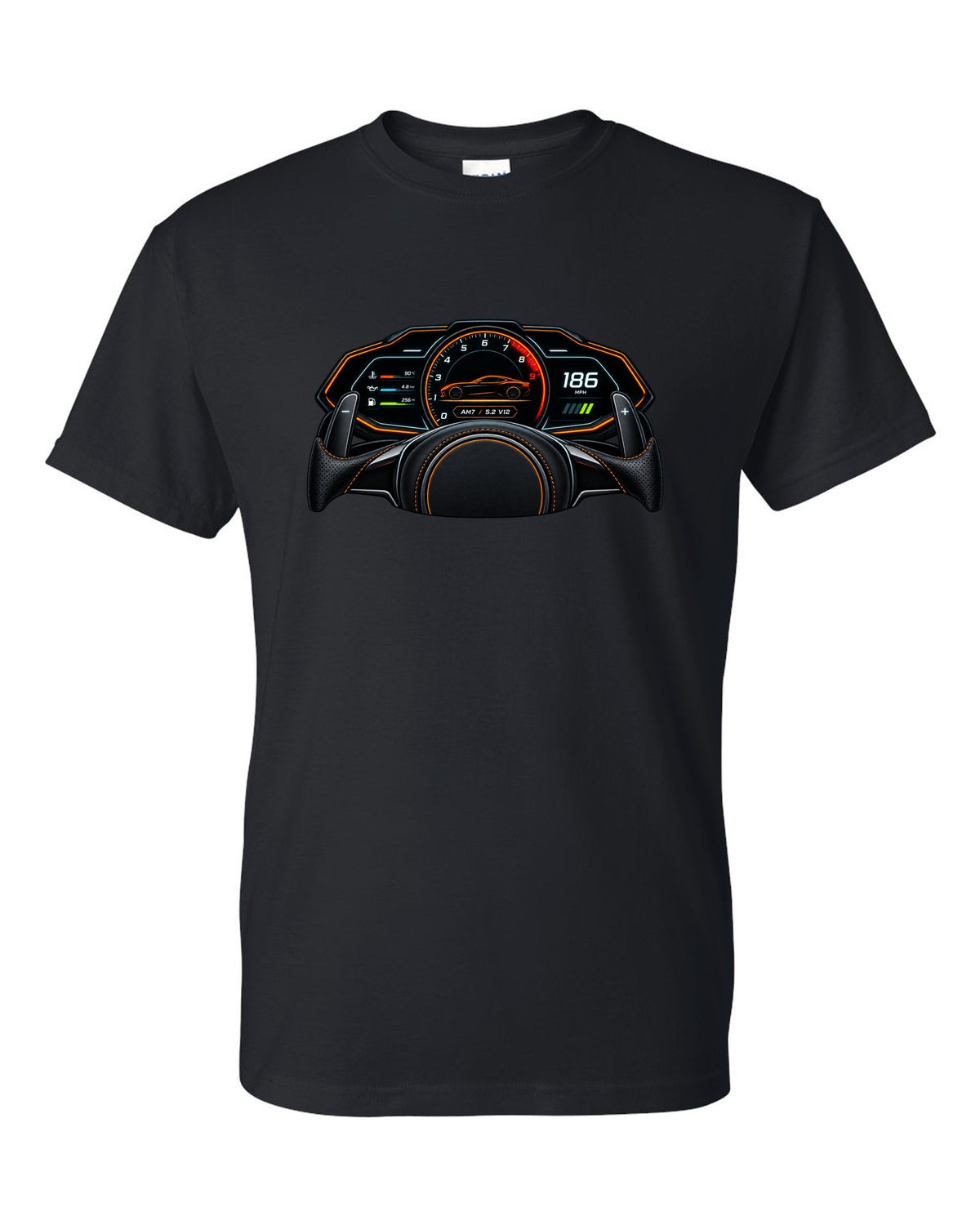 Gauge cluster and HUD style print for the 2018 Aston Martin DBS Superleggera with AM7 and 5.2 V12 readout black t-shirt front view with the design