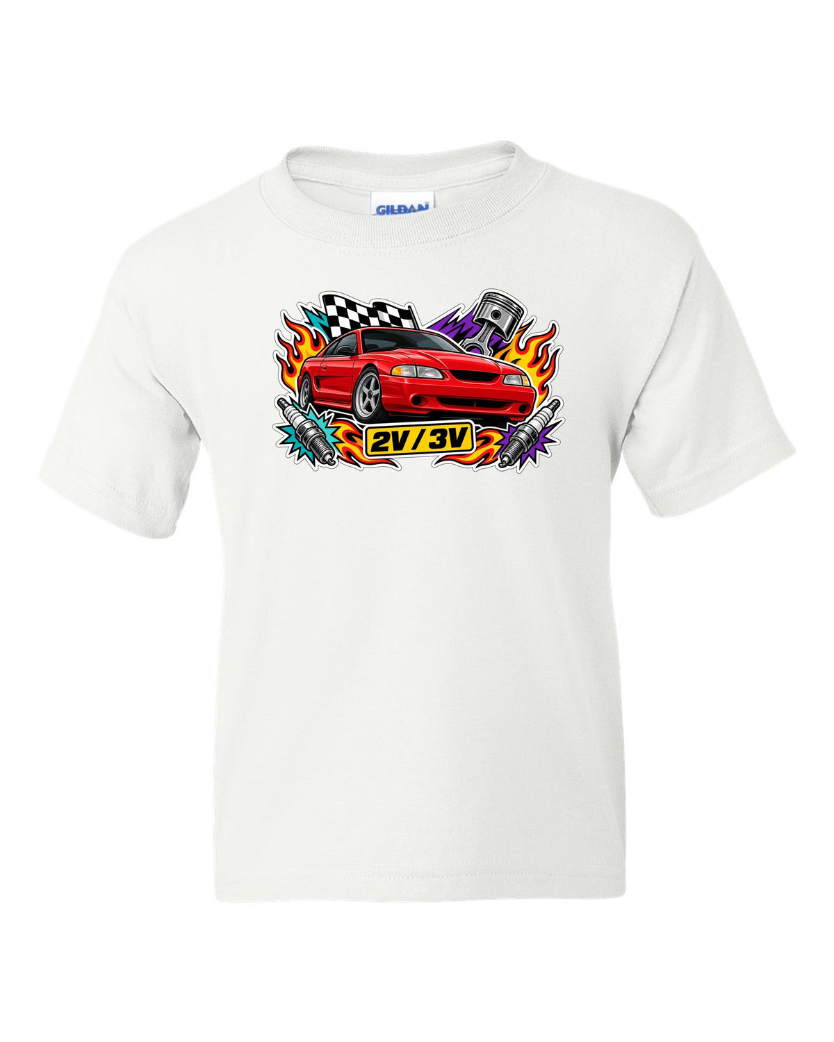 Sticker bomb collage of a 1994-98 SN95 Ford Mustang coupe with 2V 3V text white kids tee front view with the design