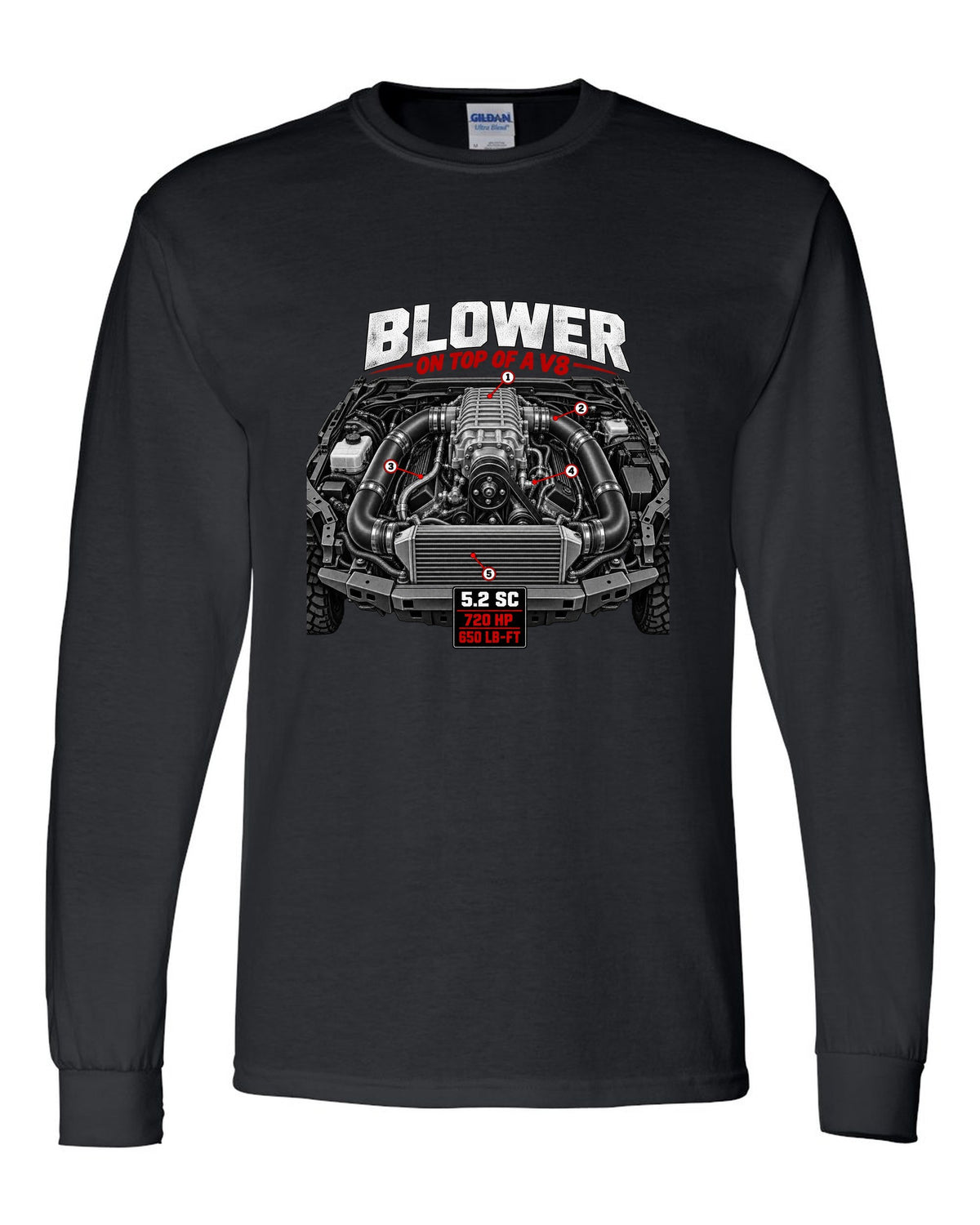 Ford F-150 Raptor R P702 engine hero print with 5.2 supercharged V8 and 720 HP black long sleeve front view with the design