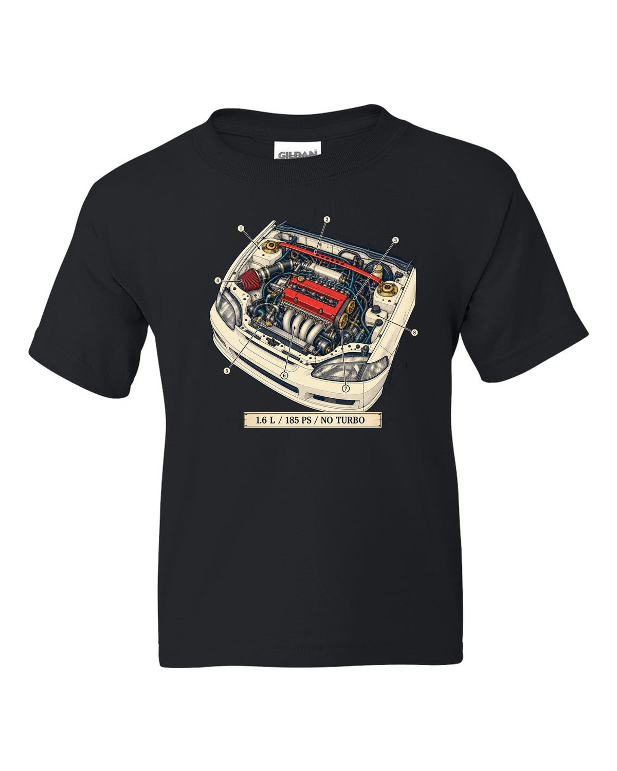 Patent drawing line art of the Honda Civic Type R EK9 with B16B spec text black kids tee front view with the design