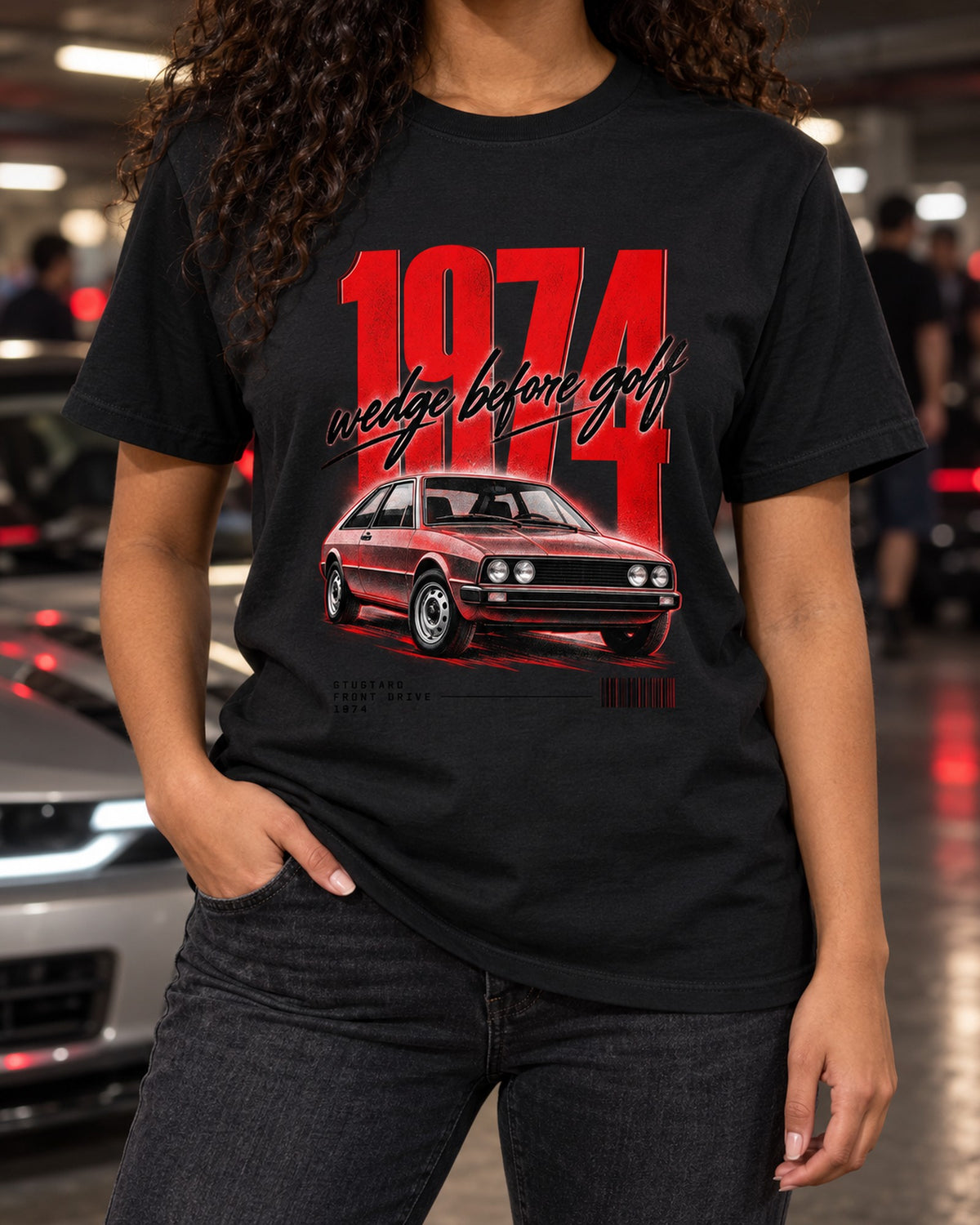 VW Scirocco Mk1 1974 Wedge Street Poster Shirt, Pre-Golf T-Shirt Black worn hero